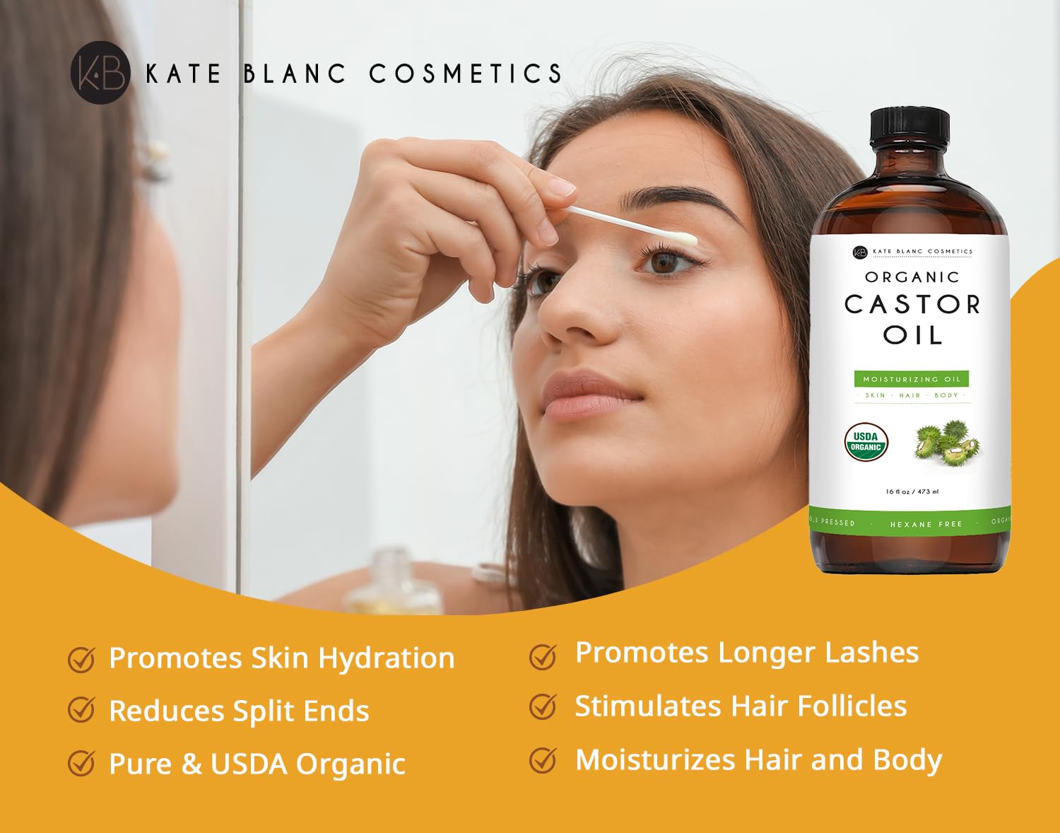 Kate Blanc Cosmetics Castor Oil Organic for Hair Growth & Body (16oz). 100% Pure Cold-Pressed Kate Blanc Cosmetics