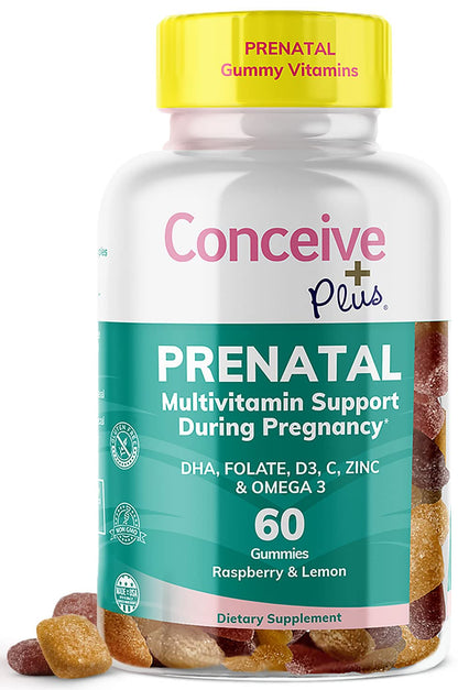 CONCEIVE PLUS Prenatal Gummies - DHA, Folic Acid, Vitamin D3, C, Zinc, and Omega 3, Natural Lemon