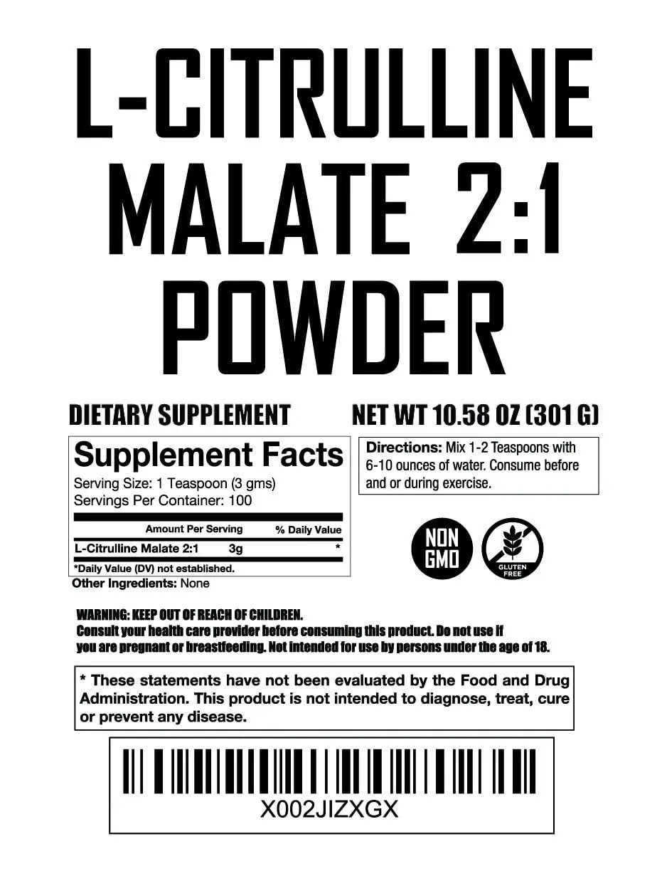 L Citrulline Malate 2 1 Powder 300 Grams - Bulk L Citrulline Powder - Free Form Amino Acid Pre Workout Supplement - Raw and Pure with no Additives by Fit Lane Nutrition.