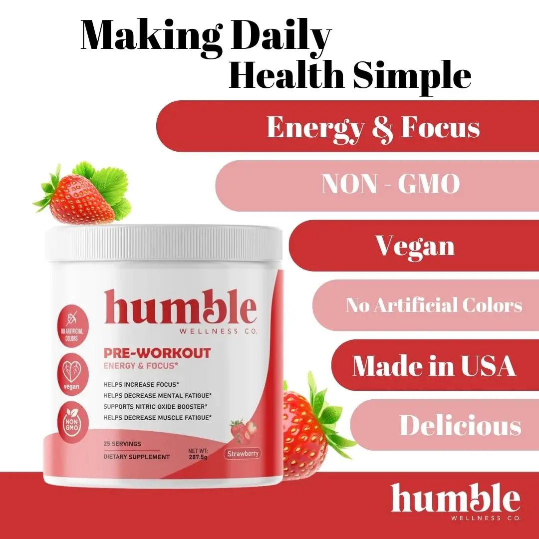 Humble Wellness Pre-Workout: Increase Focus, Decrease Mental Fatigue, Supports Nitric Oxide Booster, Decrease Muscle Fatigue, No Artificial Colors, Vegan, Non GMO, 25 Servings