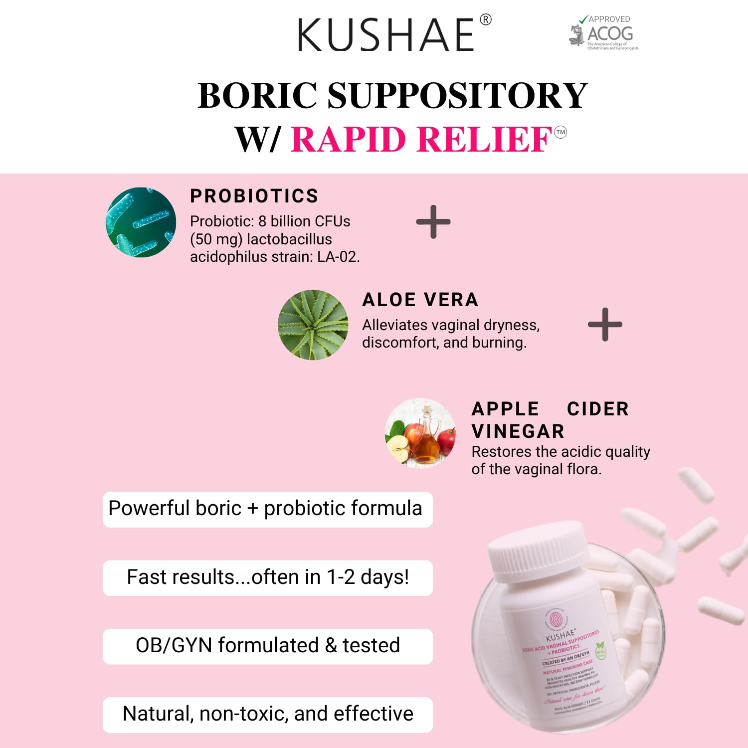 Kushae Boric Acid Suppositories with Applicator, All-Natural Boric Acid Suppositories for Women Kushae