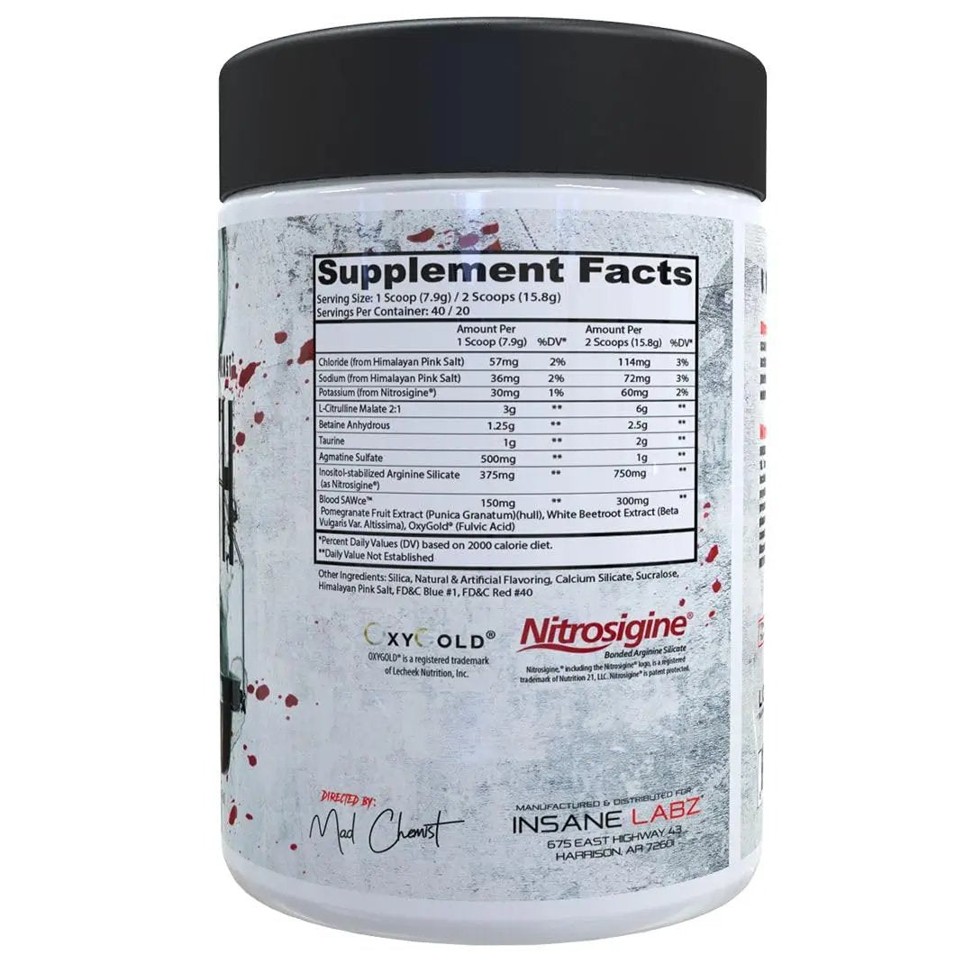 Insane Labz Saw® Bloodbath, Non-Stim Pump Pre Workout Powder with Nitrosigine­®, OxyGold­™, Agmatine Sulfate, L-Citrulline and Betainne Anhydrous, 40 Srvgs (Grape)