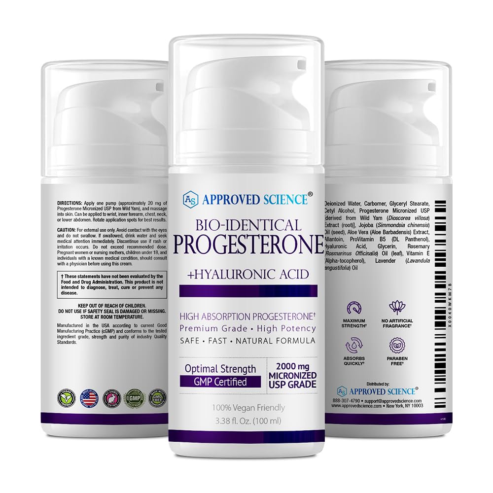 Approved Science Progesterone Cream - Bio-Identical, USP Grade - 20mg Serving - With Hyaluronic Acid Approved Science