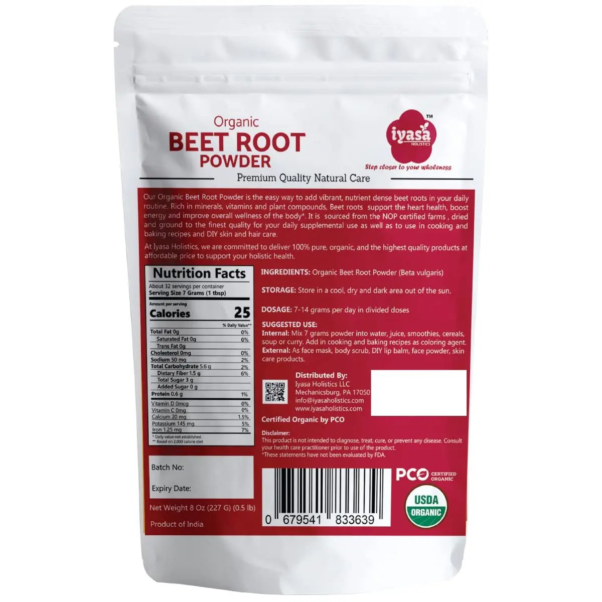 Iyasa Organic Beet Root Powder, Plant Based, Vegan, Gluten-Free, Beetroot Superfood, Nitric Oxide Boost, Blood Circulation Support, Pre Post Workout, Baking and Cooking 8 oz 223 gm