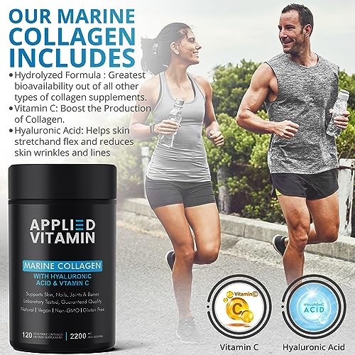 Applied vitamin Marine Collagen Capsules 2000mg-Enhance with Hyaluronic Acid, Zinc, Vitamin C & Biotin 120 Applied Vitamin