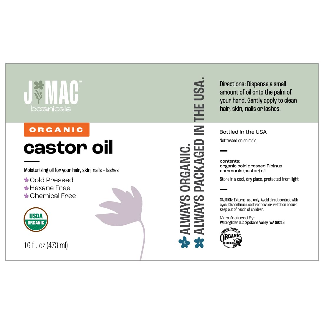 J MAC BOTANICALS, Organic Castor Oil Cold Pressed (Glass Bottle, 16 oz) J MAC BOTANICALS