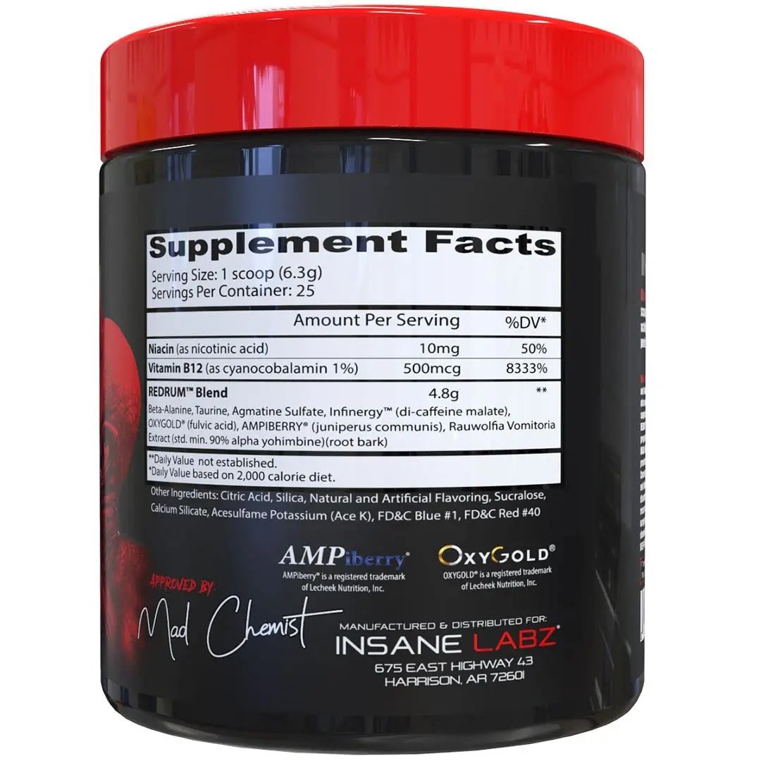Insane Labz Redrum High Stim Pre Workout NO Booster Powder, Loaded with Beta Alanine Insane Labz