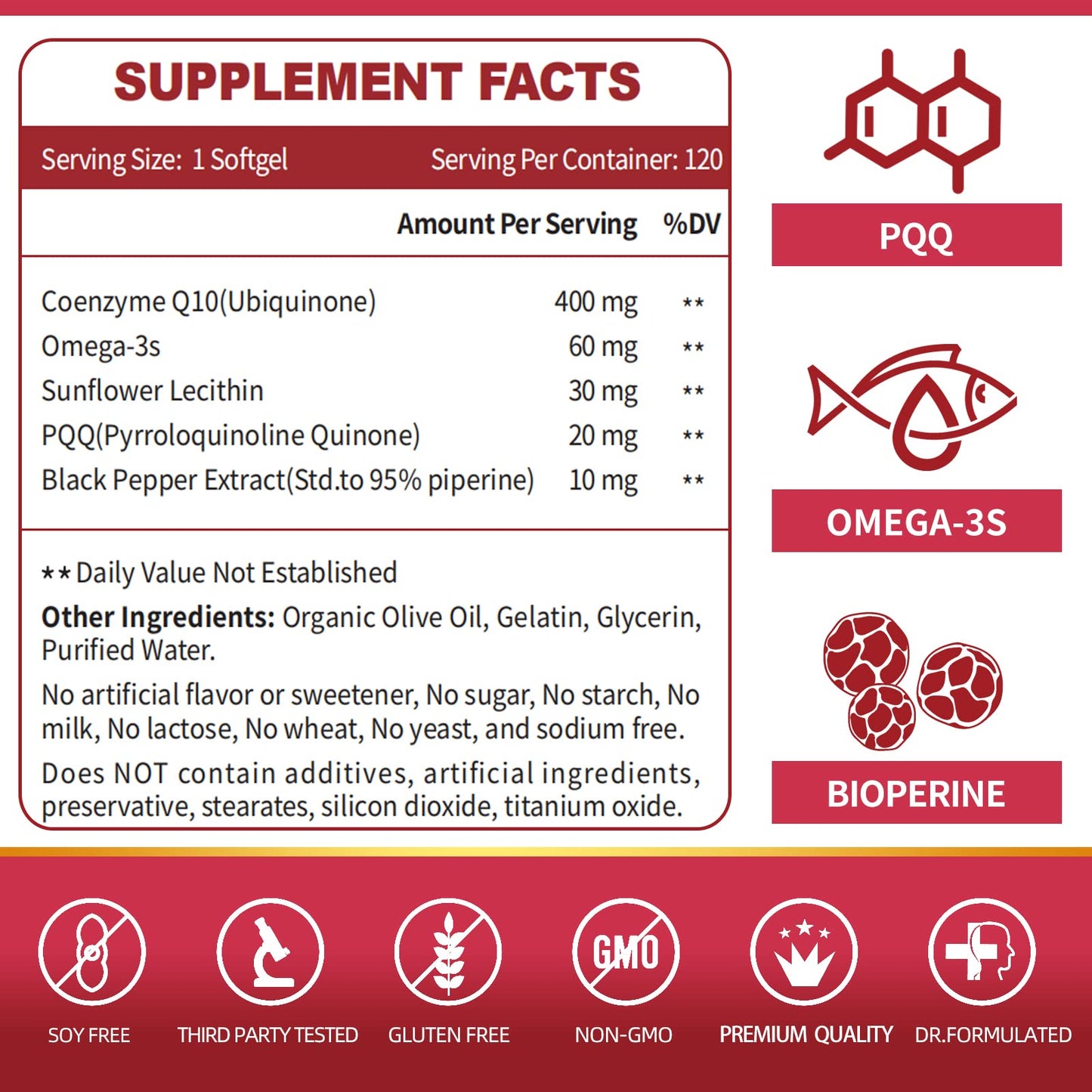 CoQ10-400mg-Softgels with PQQ, BioPerine & Omega-3, Coenzyme Q10(Ubiquinone)