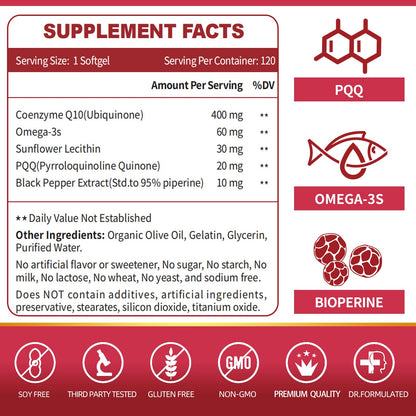 CoQ10-400mg-Softgels with PQQ, BioPerine & Omega-3, Coenzyme Q10(Ubiquinone)