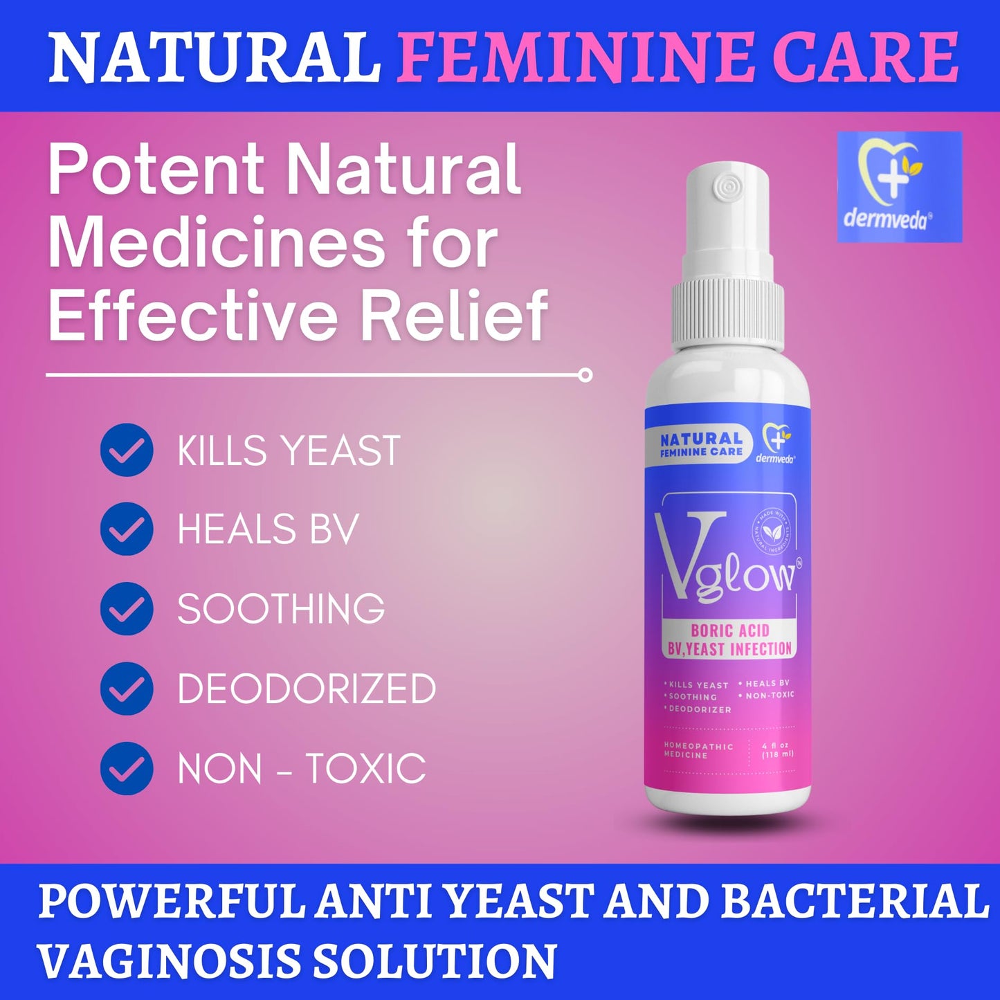 Dermveda Boric Acid BV Relief for Women - Natural Yeast Infection, Odor, Itch Relief Solution