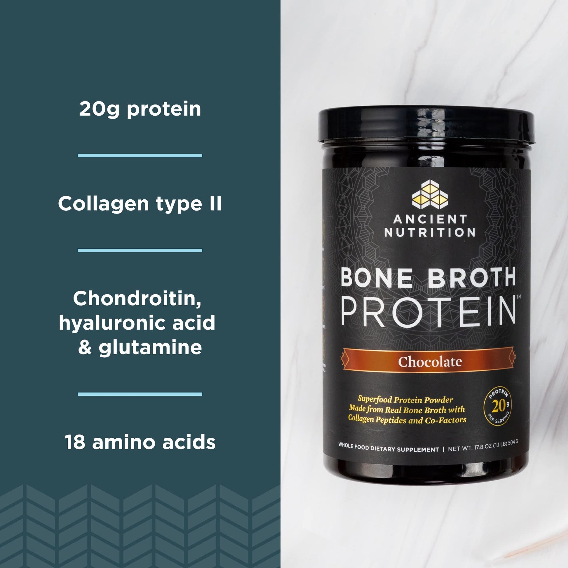 Ancient Nutrition Protein Powder Made from Real Bone Broth, Chocolate, 20g Protein Ancient Nutrition