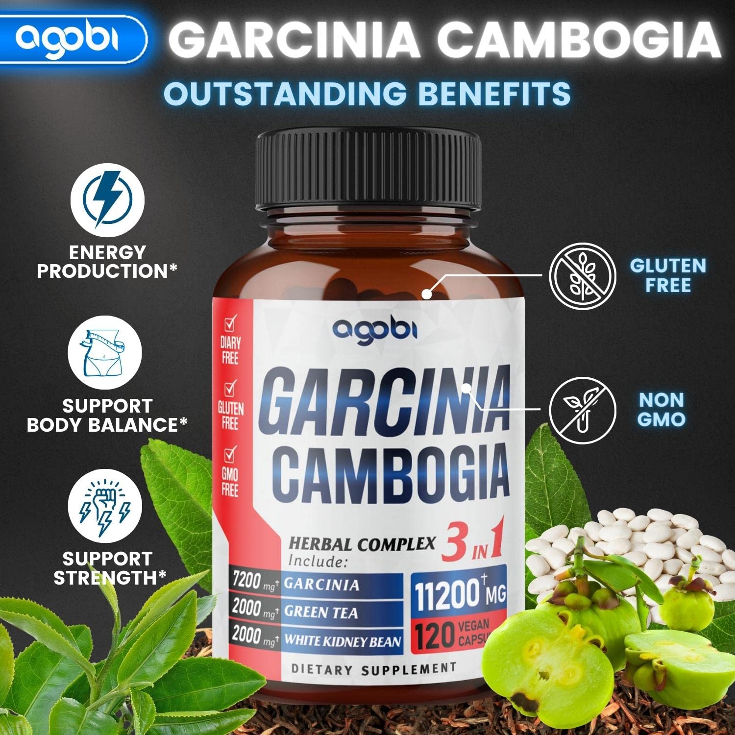agobi 3in1 Garcinia Cambogia Extract Capsules - 11200mg Herbal Supplement for Body Health agobi