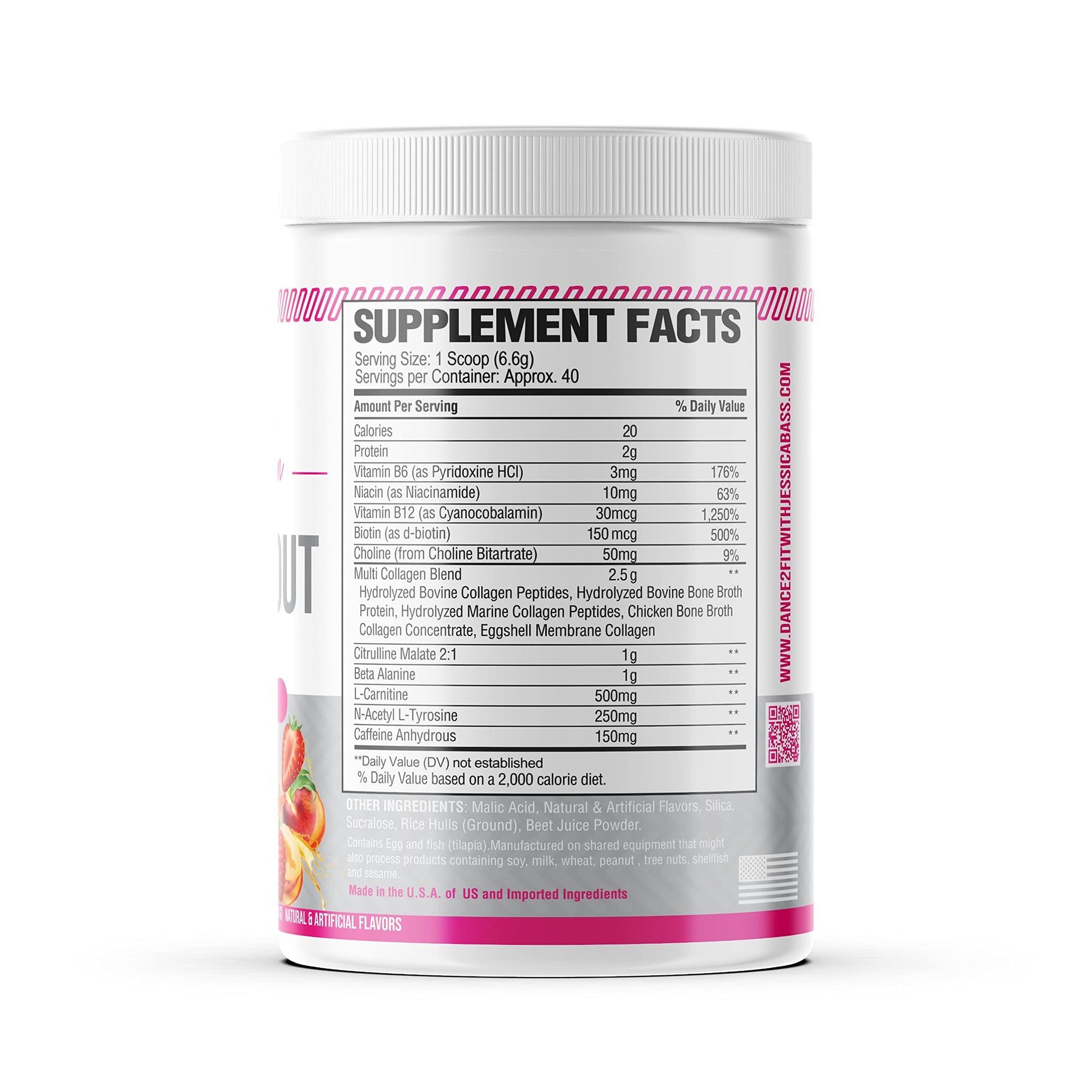 D2Fit (by Jessica Bass Women’s Pre Workout Multi Collagen (2.5g) + Biotin (150mcg) - Supports Healthy Hair, Skin & Nails, Supports Increased Energy, Focus & Endurance - Strawberry/Peach 9.31 oz(264g)