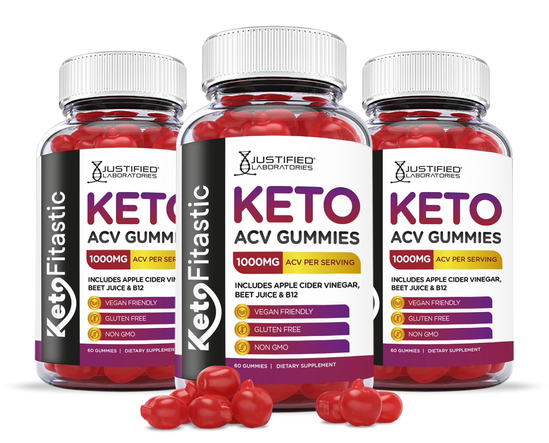 Justified Laboratories (3 Pack) Ketofitastic Keto Gummies 1000MG ACV with Pomegranate 