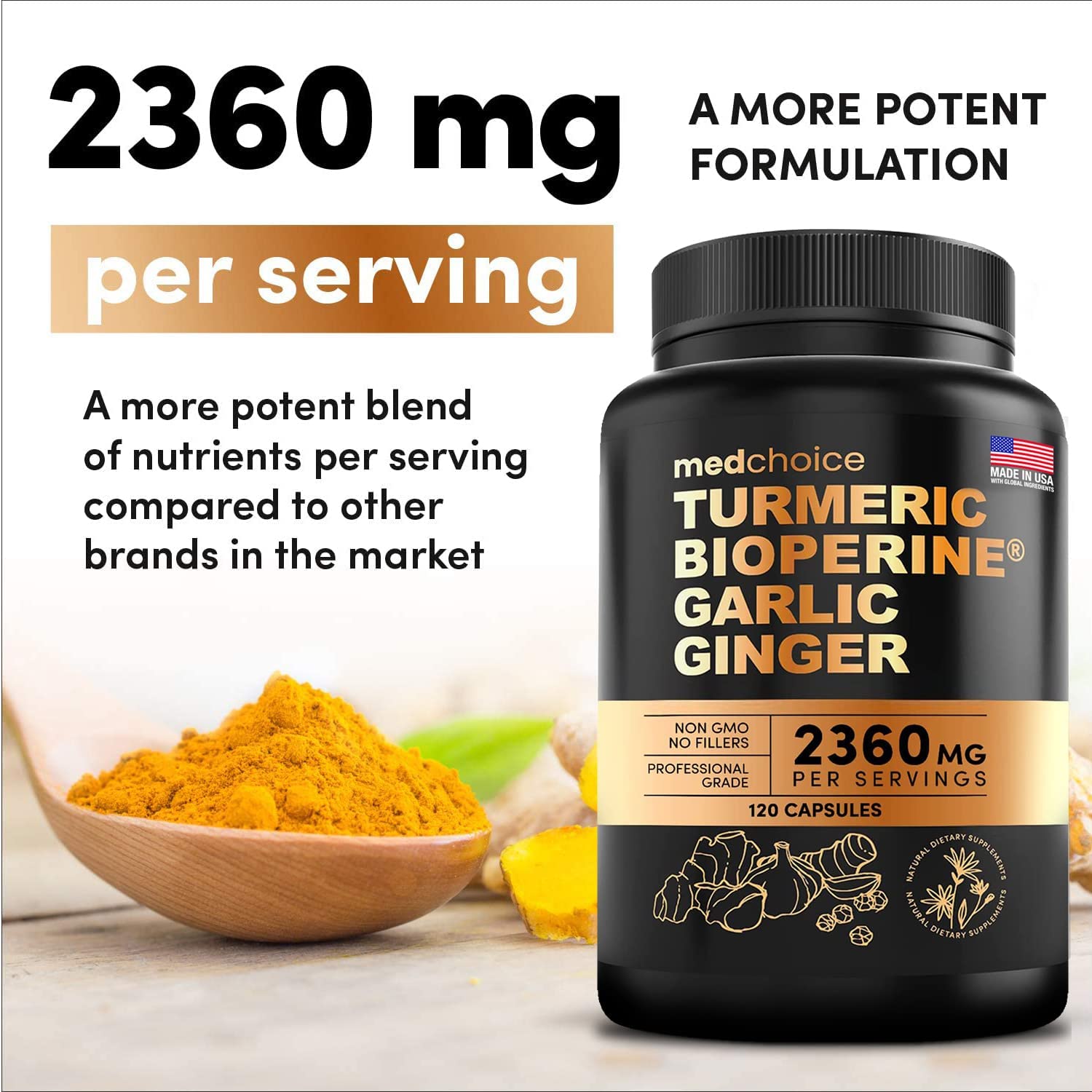 4-in-1 Supplement with Turmeric, Garlic, Ginger Root, and Black Pepper - 120 Capsules MEDCHOICE