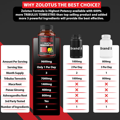 Zolotus Premium Tribulus Terrestris Capsules - 9600mg Per Serving - Combined Zolotus