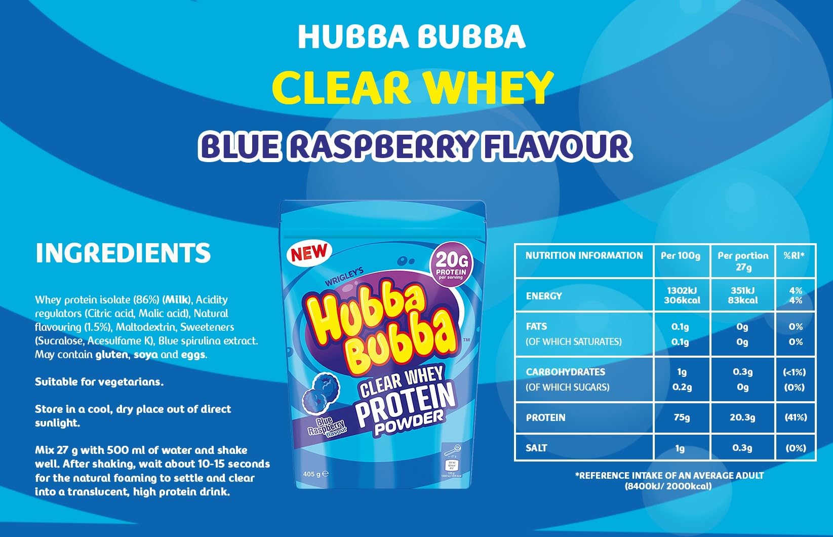 Hubba Bubba Blue Raspberry Clear Whey Isolate, Protein Powder Drink, 405g Pouch Hubba Bubba