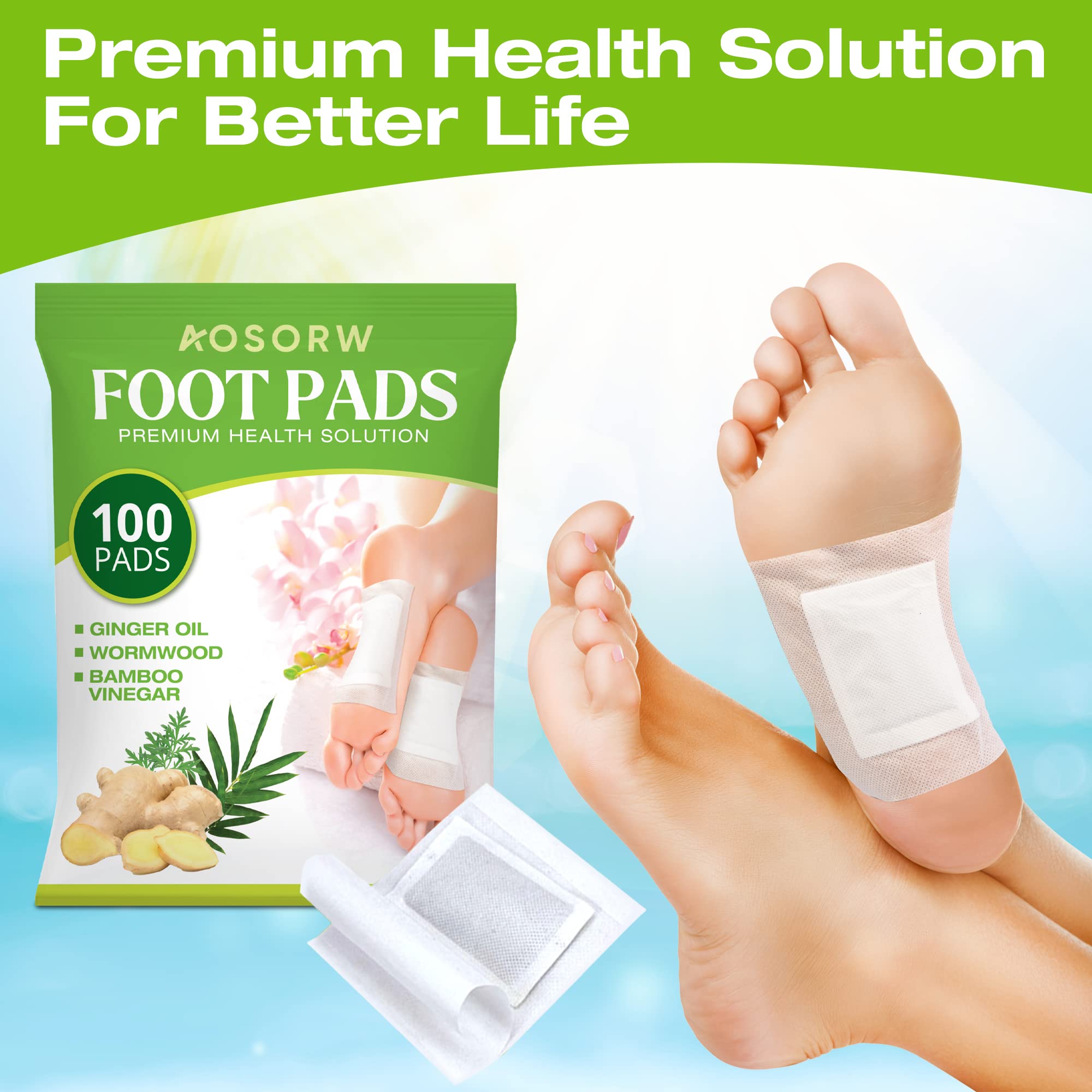 AOSORW 100 Pack Foot Pads, Ginger Oil Bamboo Charcoal Foot Pads, Foot Care Patch AOSORW