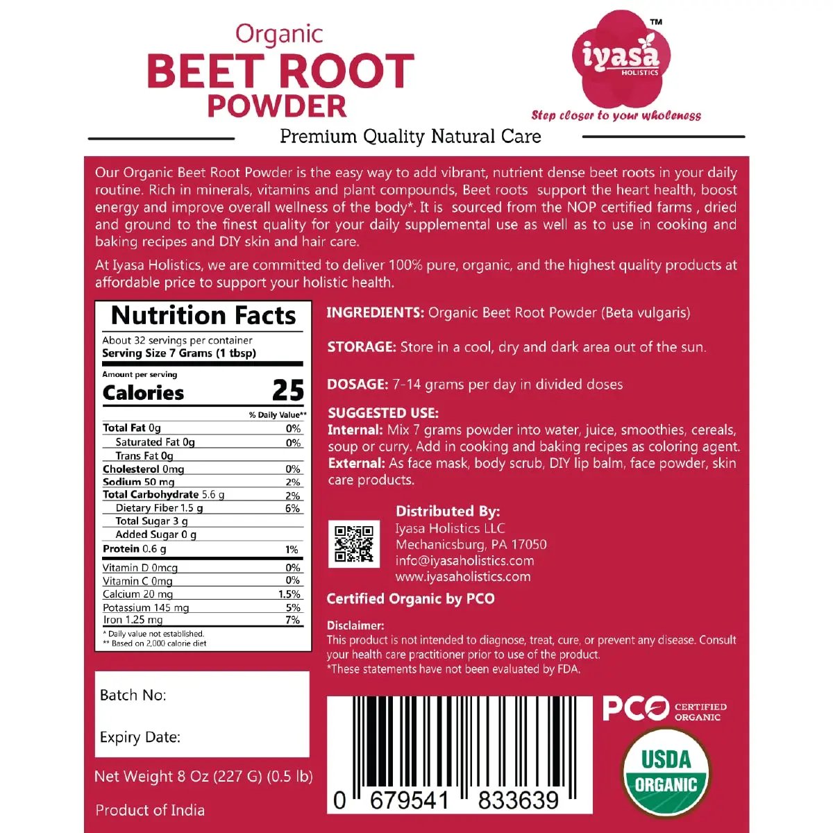 Iyasa Organic Beet Root Powder, Plant Based, Vegan, Gluten-Free, Beetroot Superfood, Nitric Oxide Boost, Blood Circulation Support, Pre Post Workout, Baking and Cooking 8 oz 223 gm