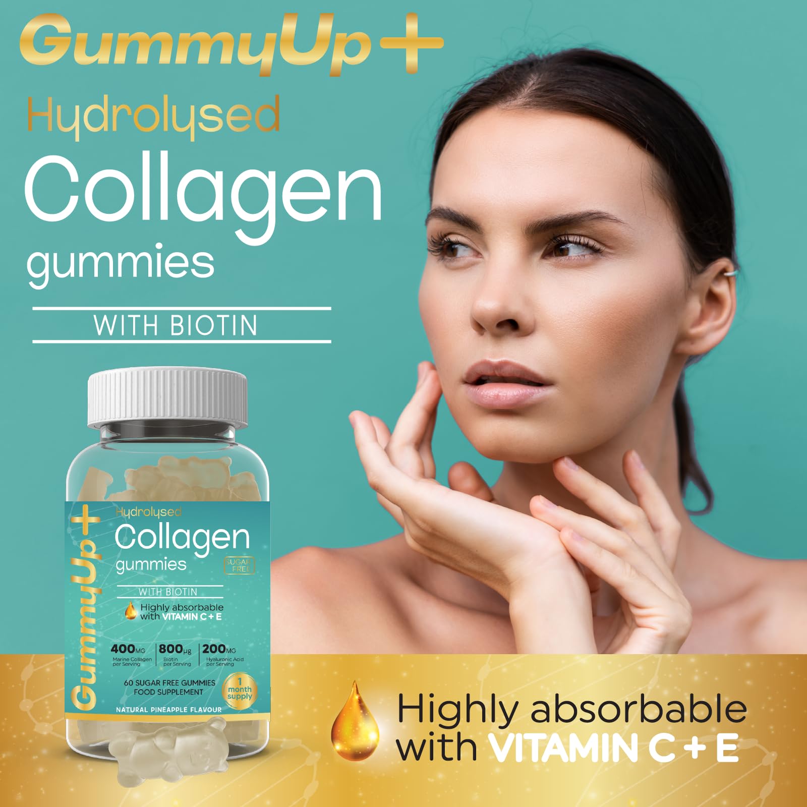 Hydrolysed Collagen Gummies with Biotin, 60 Sugar Free Natural Pineapple Flavoured Gummies ZA ZACANNA