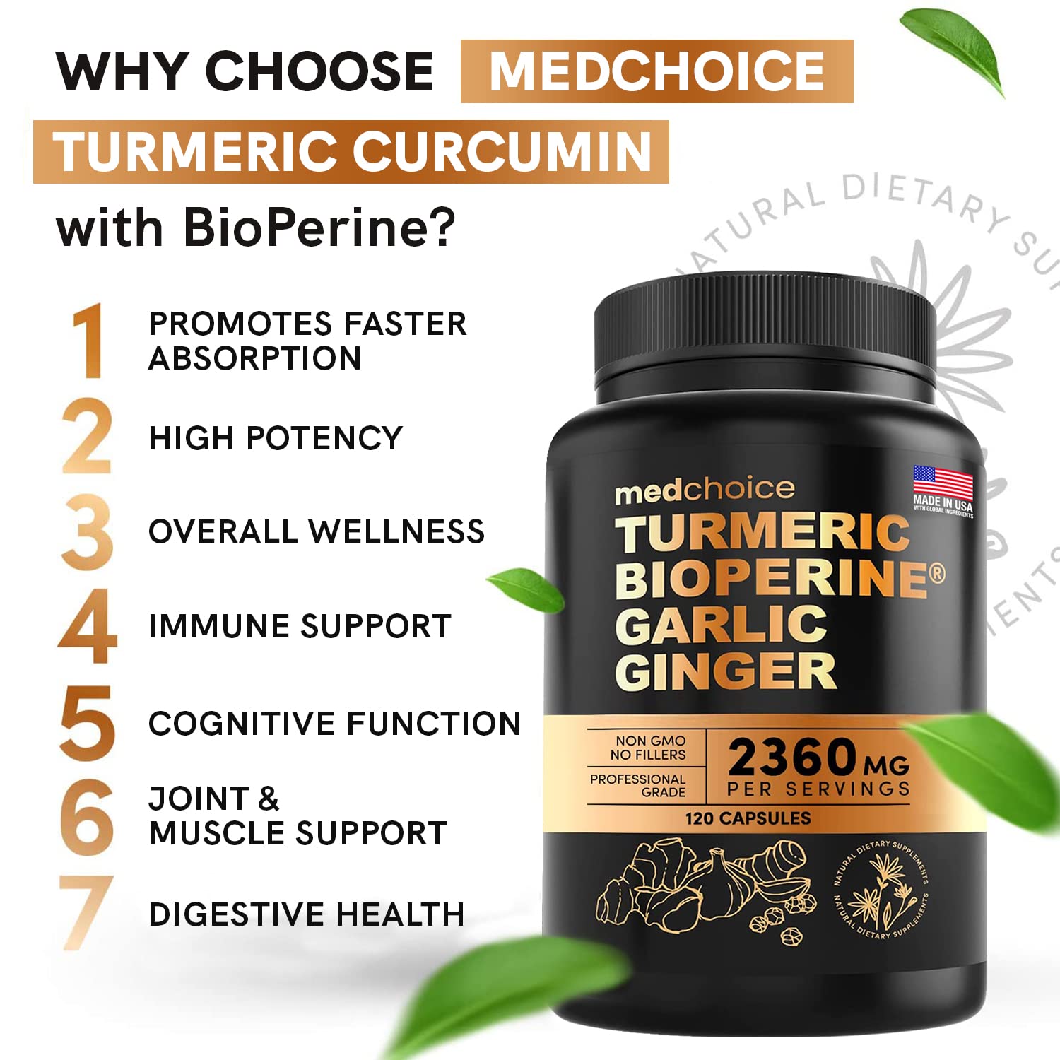 4-in-1 Turmeric and Garlic Supplements with Bioperine 2360 mg (360 ct) Turmeric Ginger MEDCHOICE