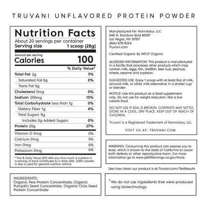 Truvani Organic Vegan Protein Powder Unflavored - 20g of Plant Based Protein, Organic