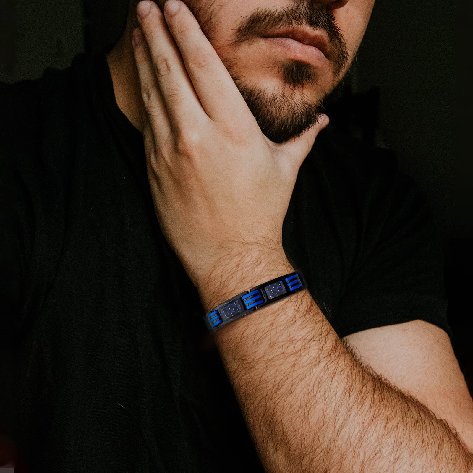 JEROOT Magnetic Bracelets for Men, Blue Carbon Fiber Pure Titanium Magnetic Bracelet JEROOT