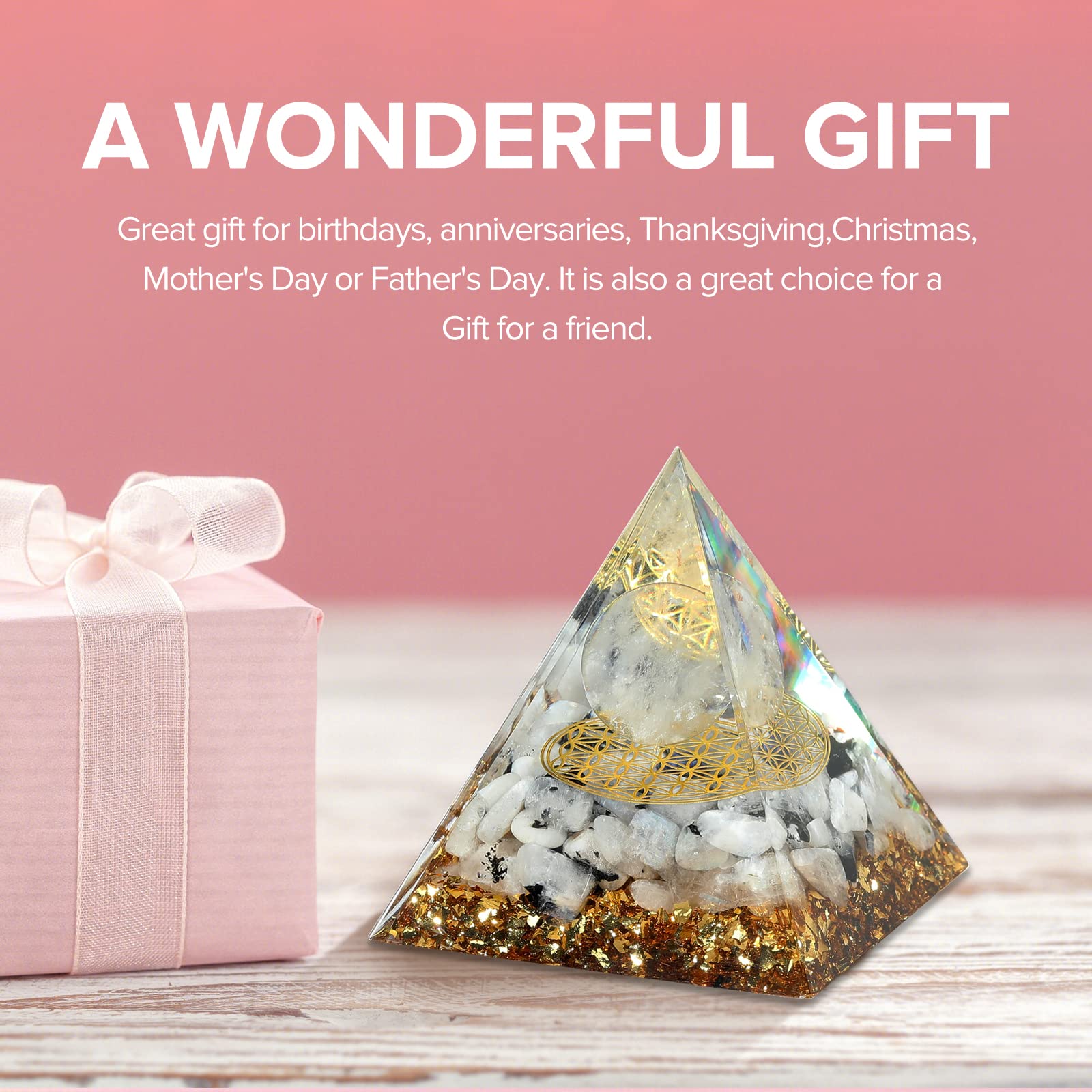 Hopeseed Orgone Pyramid for Positive Energy, Orgonite Rainbow Moonstone&White Crystal Hopeseed