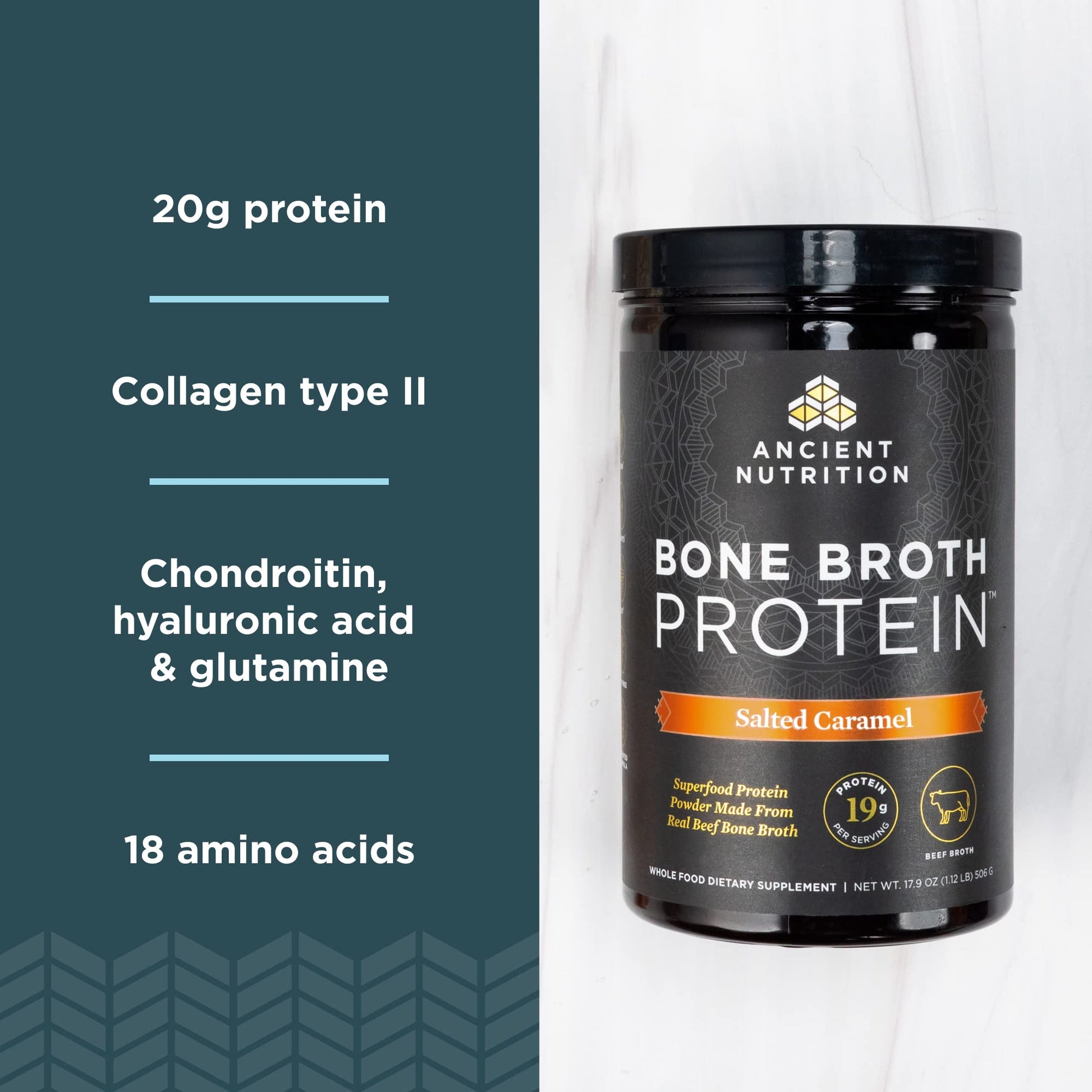 Ancient Nutrition Bone Broth Protein Powder, Salted Caramel, 19g Protein per Serving Ancient Nutrition