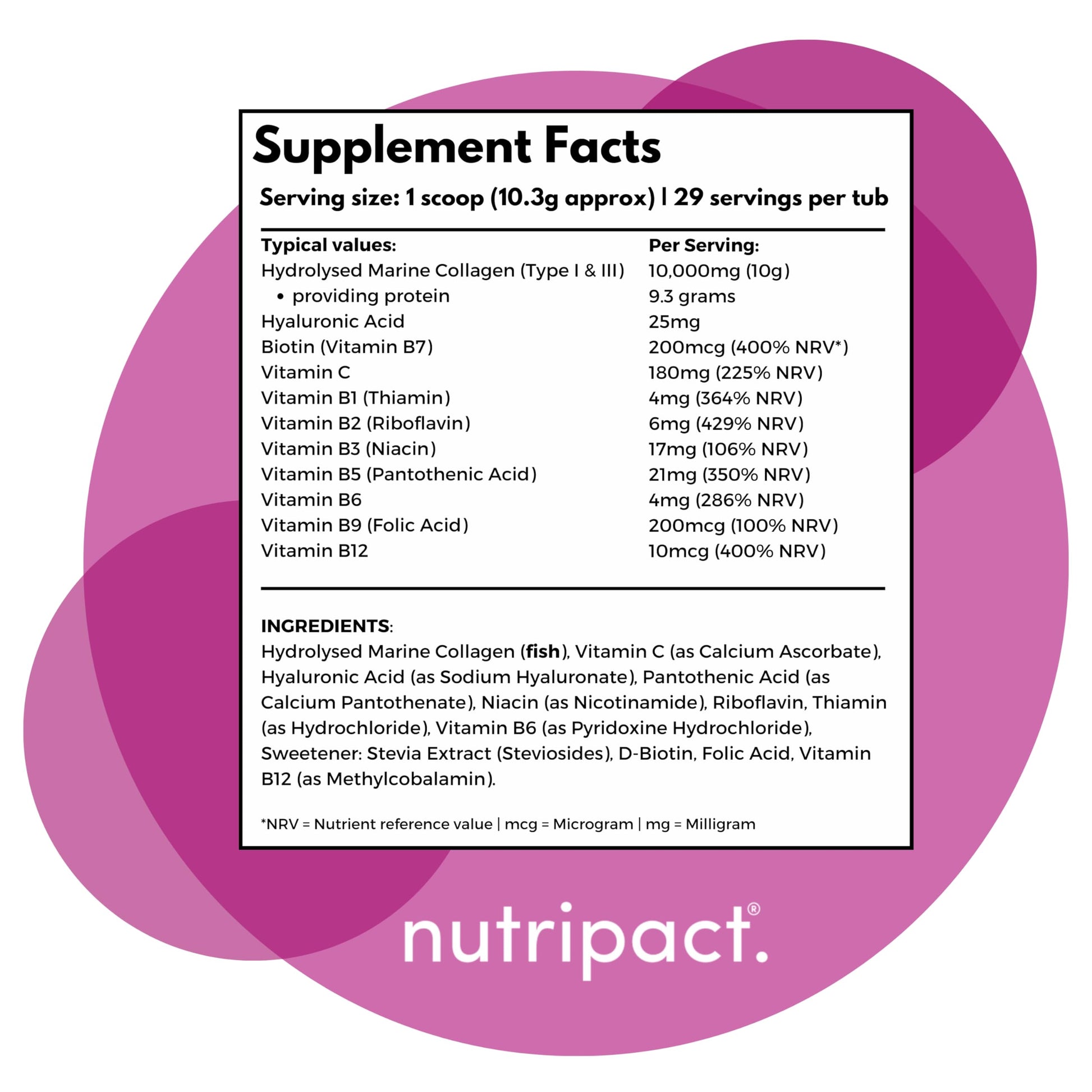 Hydrolysed Marine Collagen Peptides Powder with Hyaluronic Acid, Biotin, Vitamin C & B Vitamins – 10,000mg Collagen nutripact