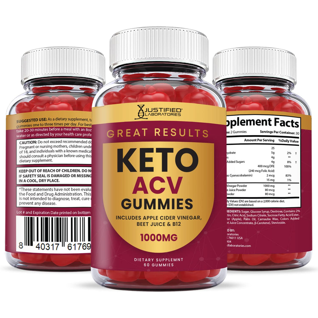 Justified Laboratories (2 Pack) Great Results Keto ACV Gummies 1000MG 
