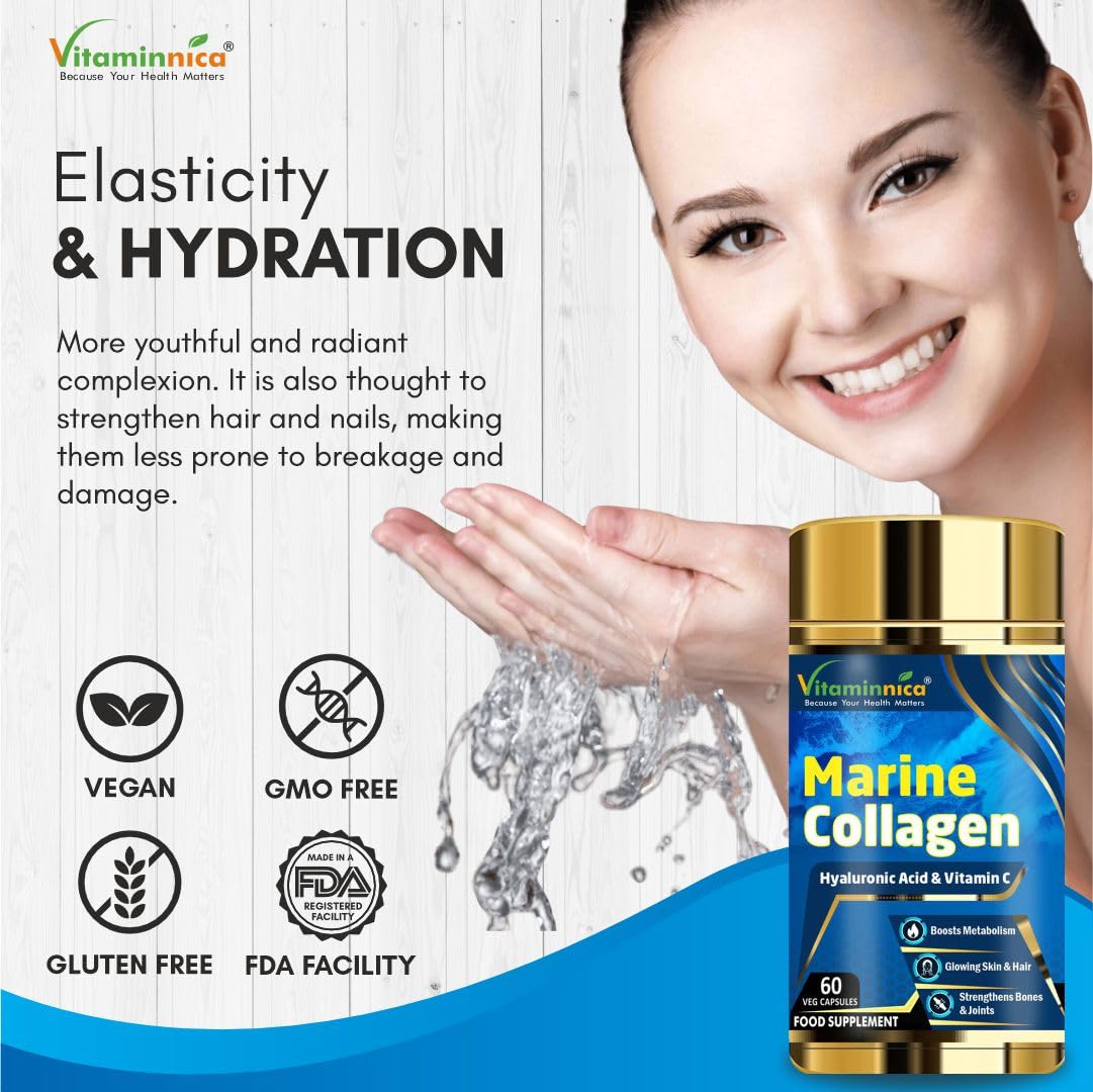 Vitaminnica Marine Collagen Capsules with Hyaluronic Acid & Vitamin C - Skin, Hair, Bones & Joints 