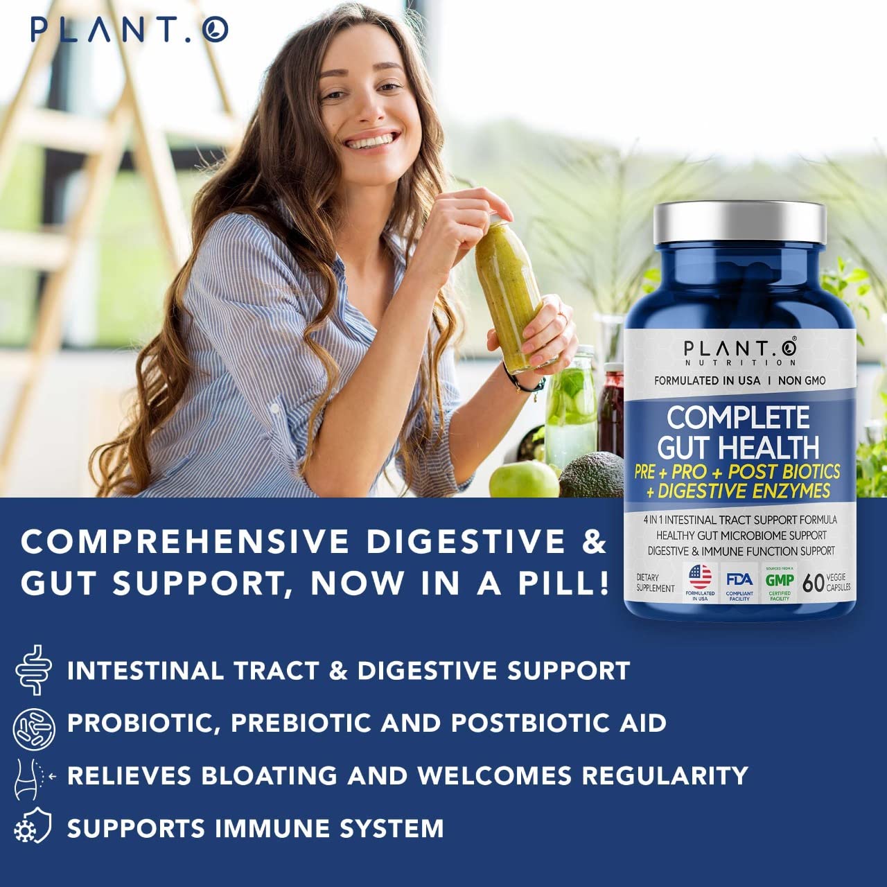 4-in-1 Prebiotic Probiotic & Postbiotic for Women & Men, Complete Gut & Digestive Support PLANT.O NUTRITION