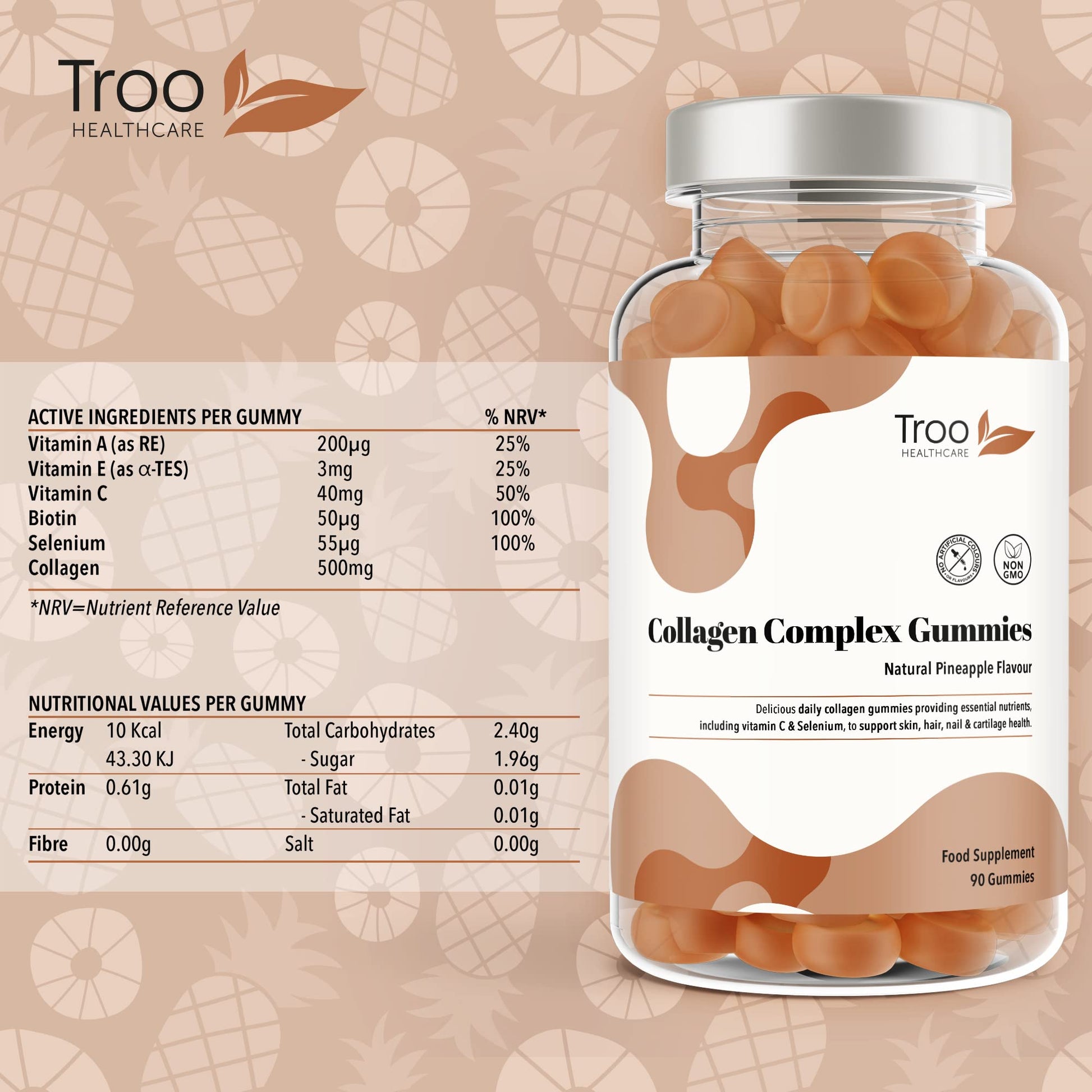 Hydrolysed Collagen Complex - 90 Natural Pineapple Flavour Chewable Gummies - One Per Day with Biotin, Vitamin C and Selenium Troo Health Care