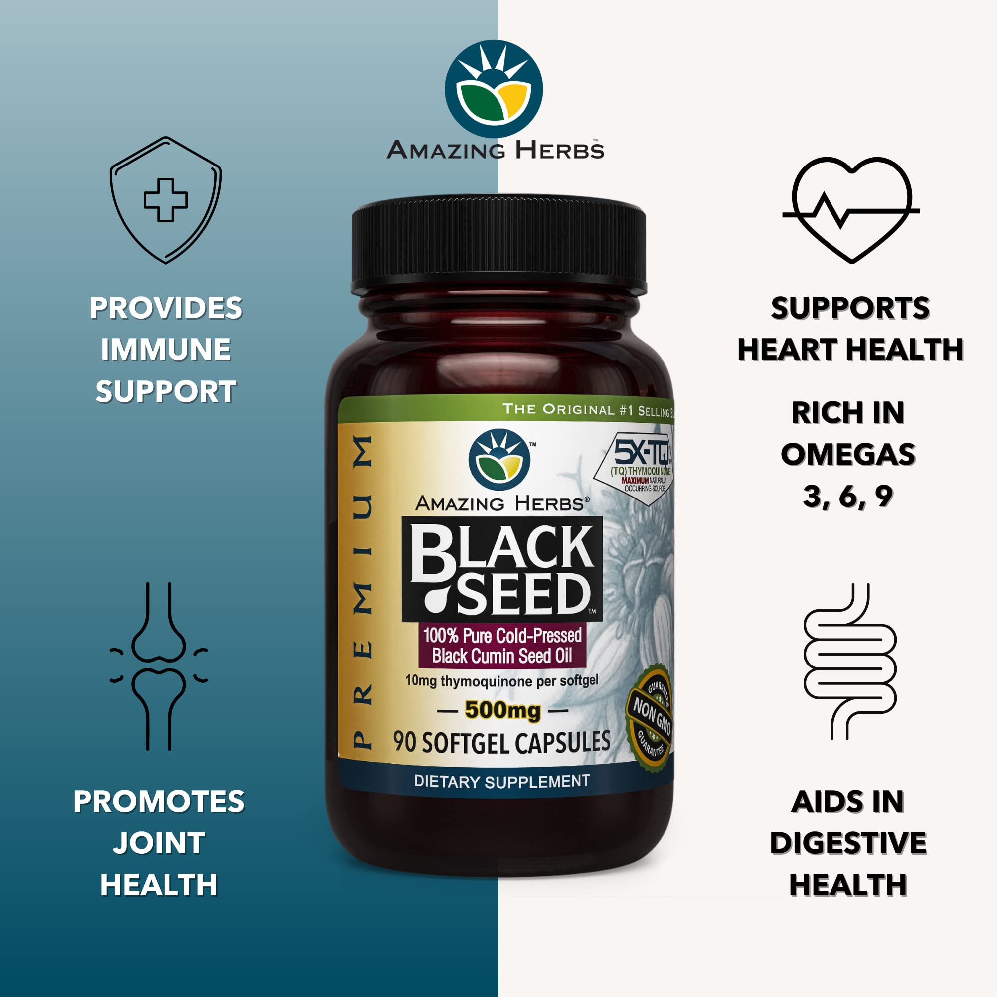 Amazing Herbs Premium Black Seed Oil Capsules - Cold Pressed Nigella Sativa Aids Amazing Herbs