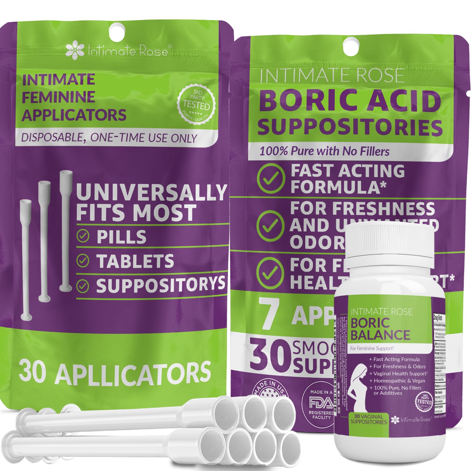 Intimate Rose Boric Acid Vaginal Suppositories - 30 Count (600mg) + 37 Applicators - Feminine Balance