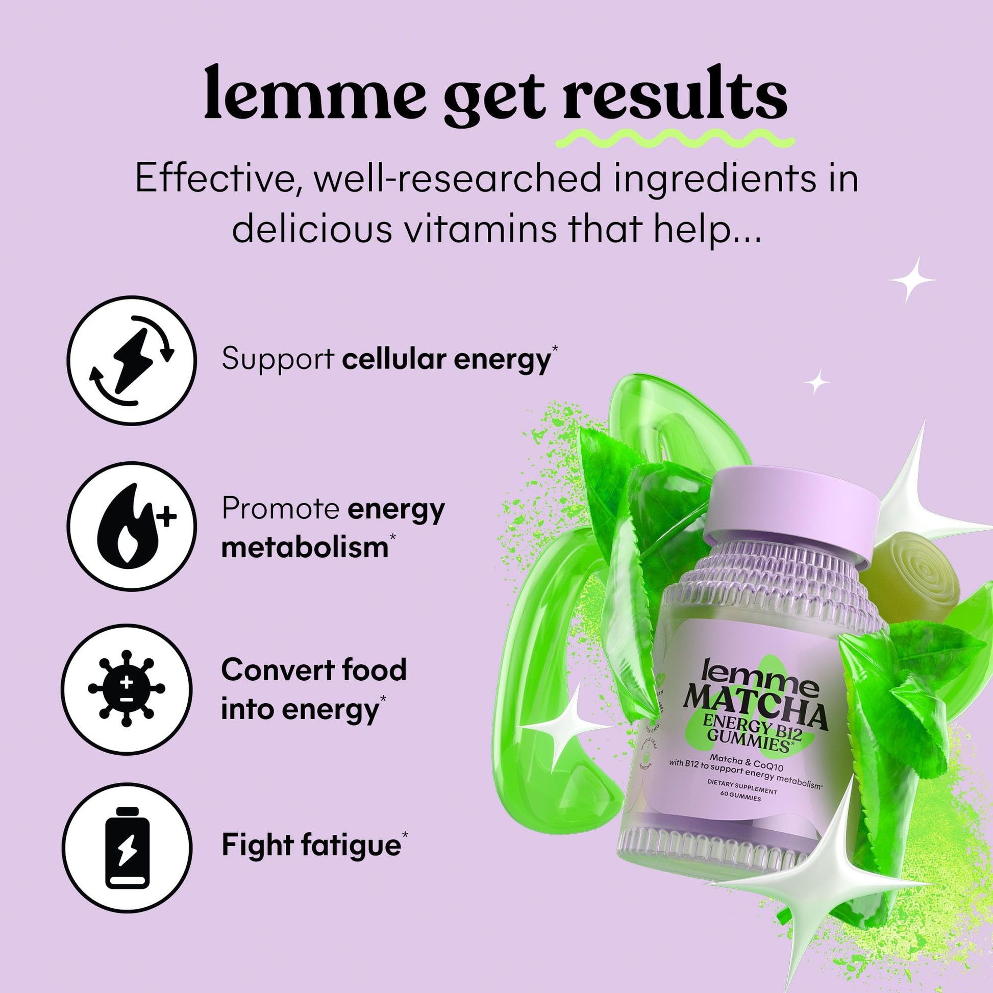 Lemme Matcha Superfood Energy Gummies with Organic Matcha Green Tea, Vitamin B12 Lemme