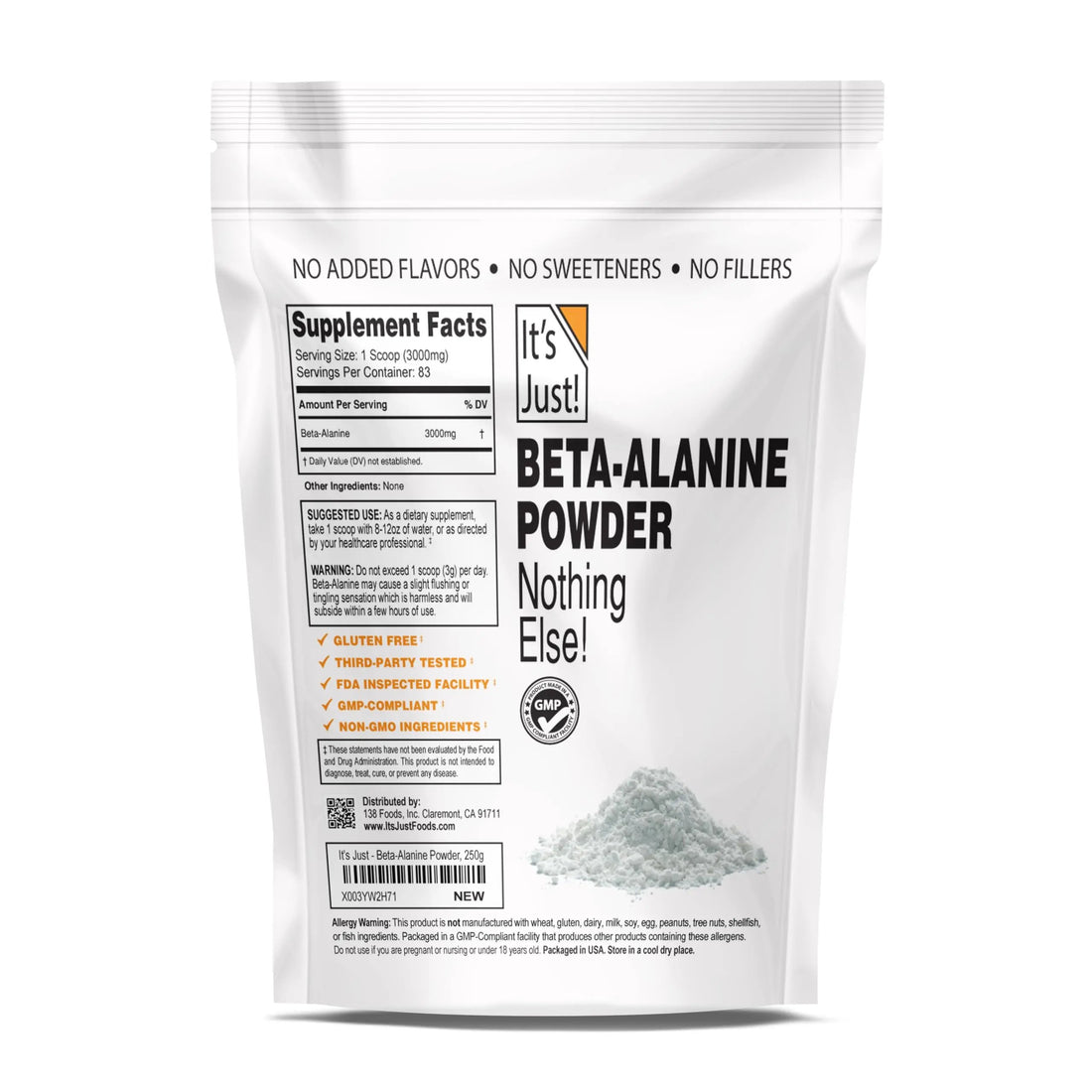 It's Just! - Beta-Alanine Powder, Pre-Workout Supplement, 250g Bulk, Unflavored