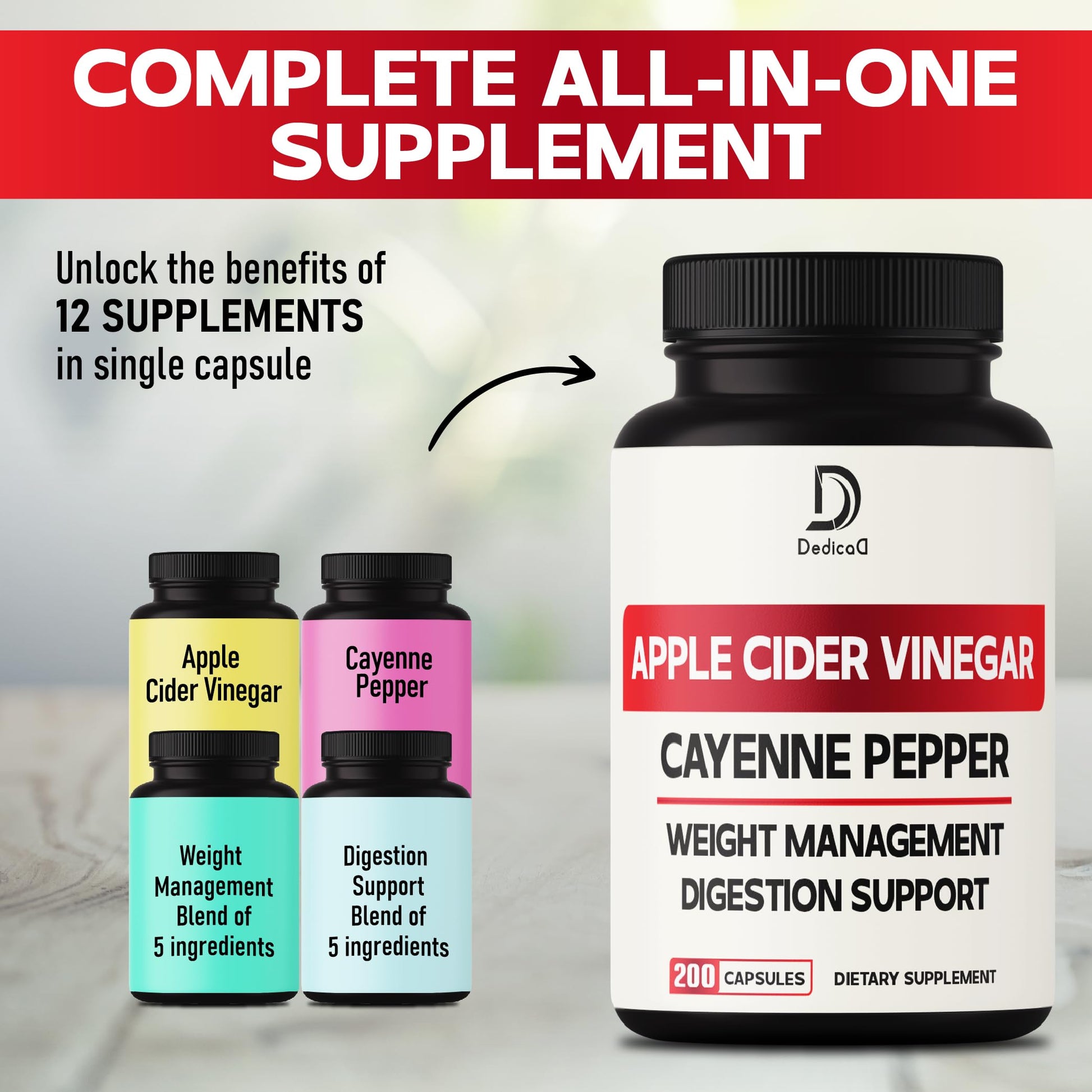 12in1 Apple Cider Vinegar Supplements - 200 Capsules with Cayenne Pepper, Grape Seed DEDICAD