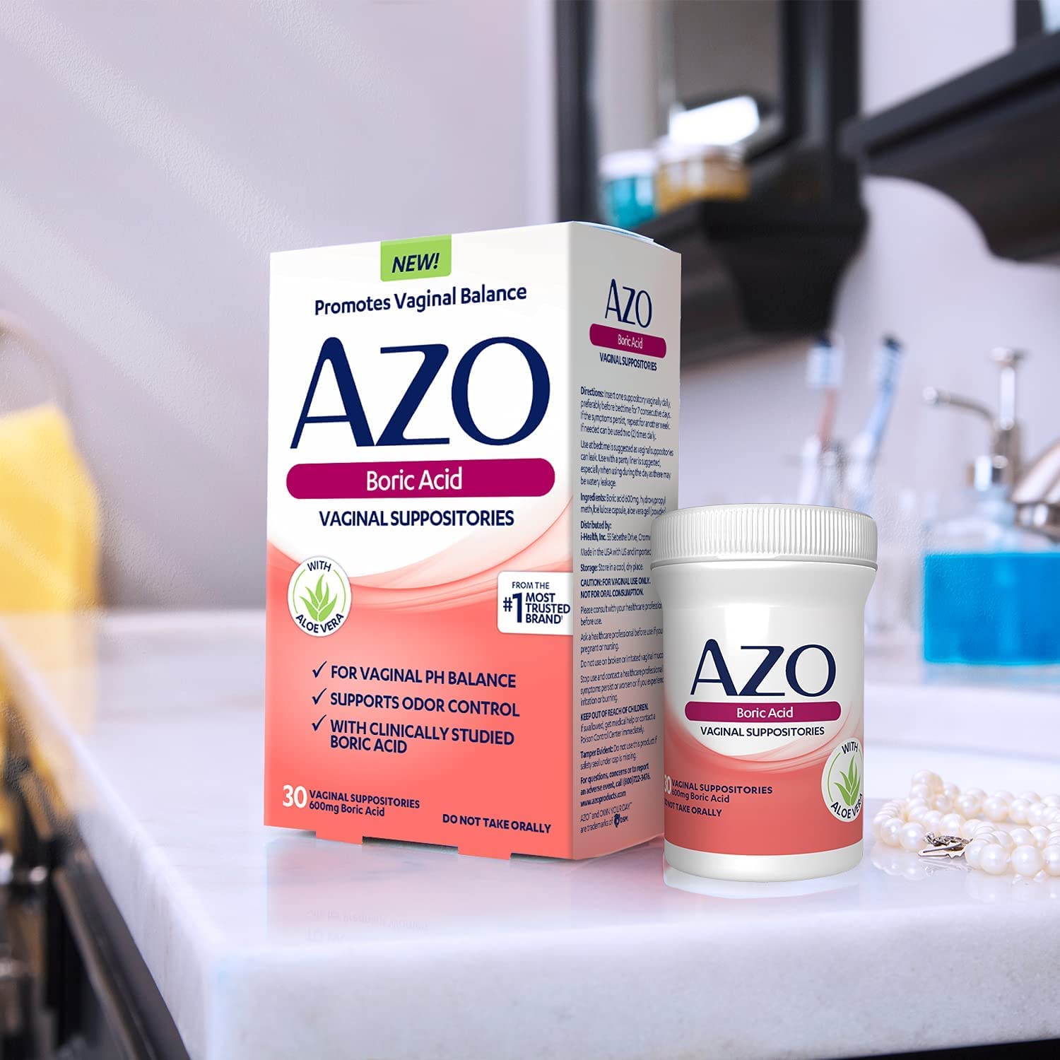 AZO Boric Acid Vaginal Suppositories, 30 Count + AZO Dual Protection, 30 Count, Urinary + Vaginal Support* AZO