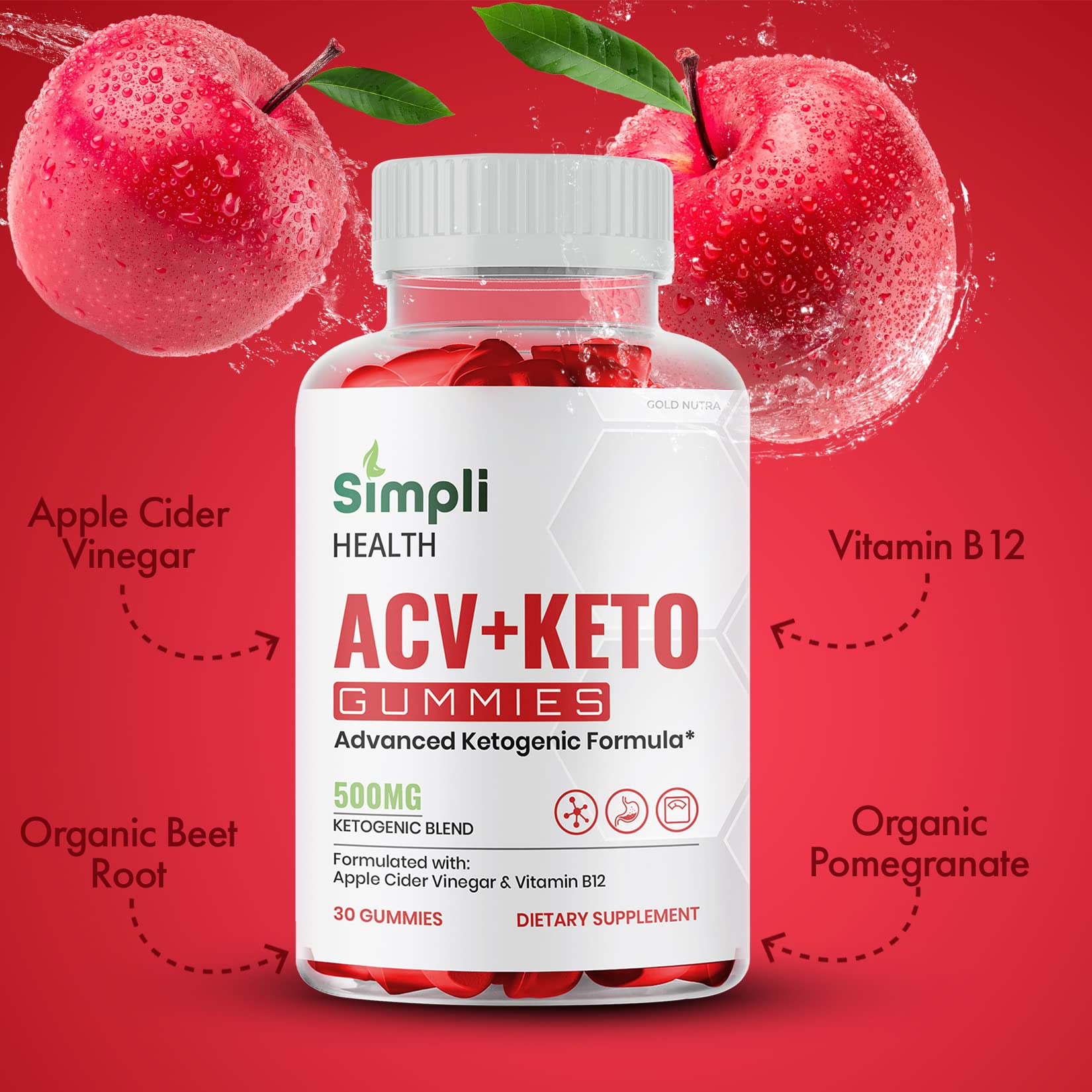 (3 Pack) Simpli Health ACV Keto Gummies, Maximum Strength Gold Nutra