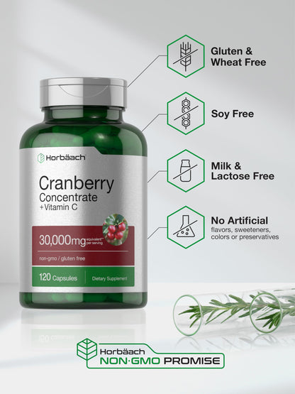Cranberry Concentrate Extract Pills + Vitamin C | 30,000mg | 120 Capsules | Triple Strength Horbäach