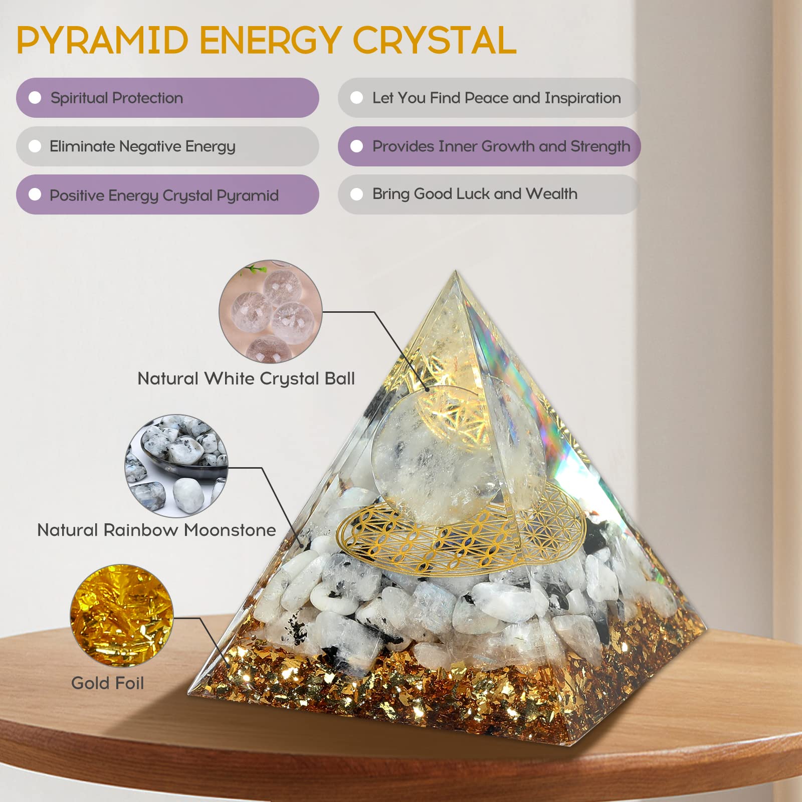 Hopeseed Orgone Pyramid for Positive Energy, Orgonite Rainbow Moonstone&White Crystal Hopeseed
