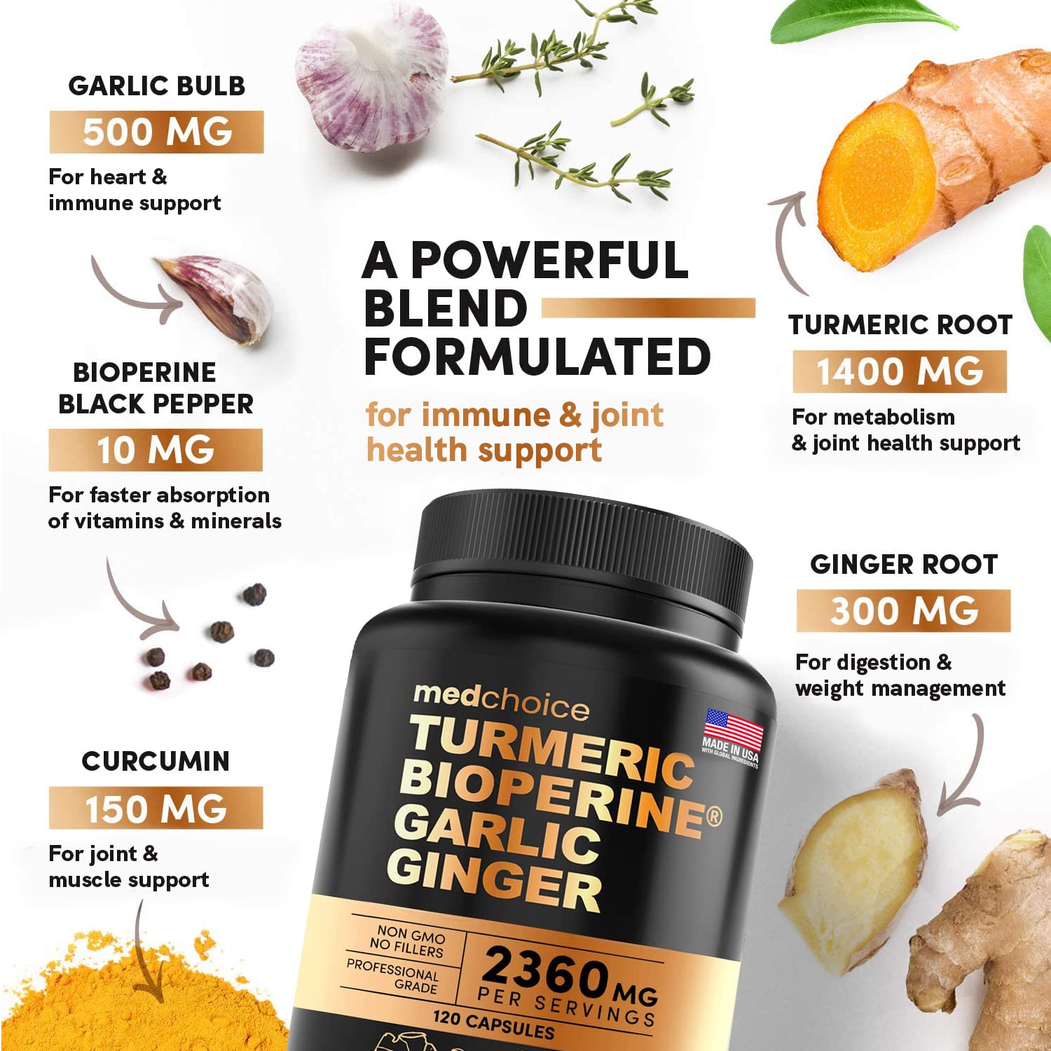 4-in-1 Turmeric and Garlic Supplements with Bioperine 2360 mg (360 ct) Turmeric Ginger MEDCHOICE