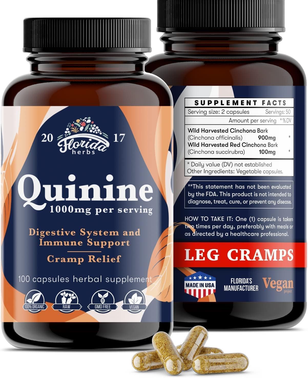 Leg Cramps Support Organic Pills - 1000 mg - Quinine Tablets for Cramp Defense