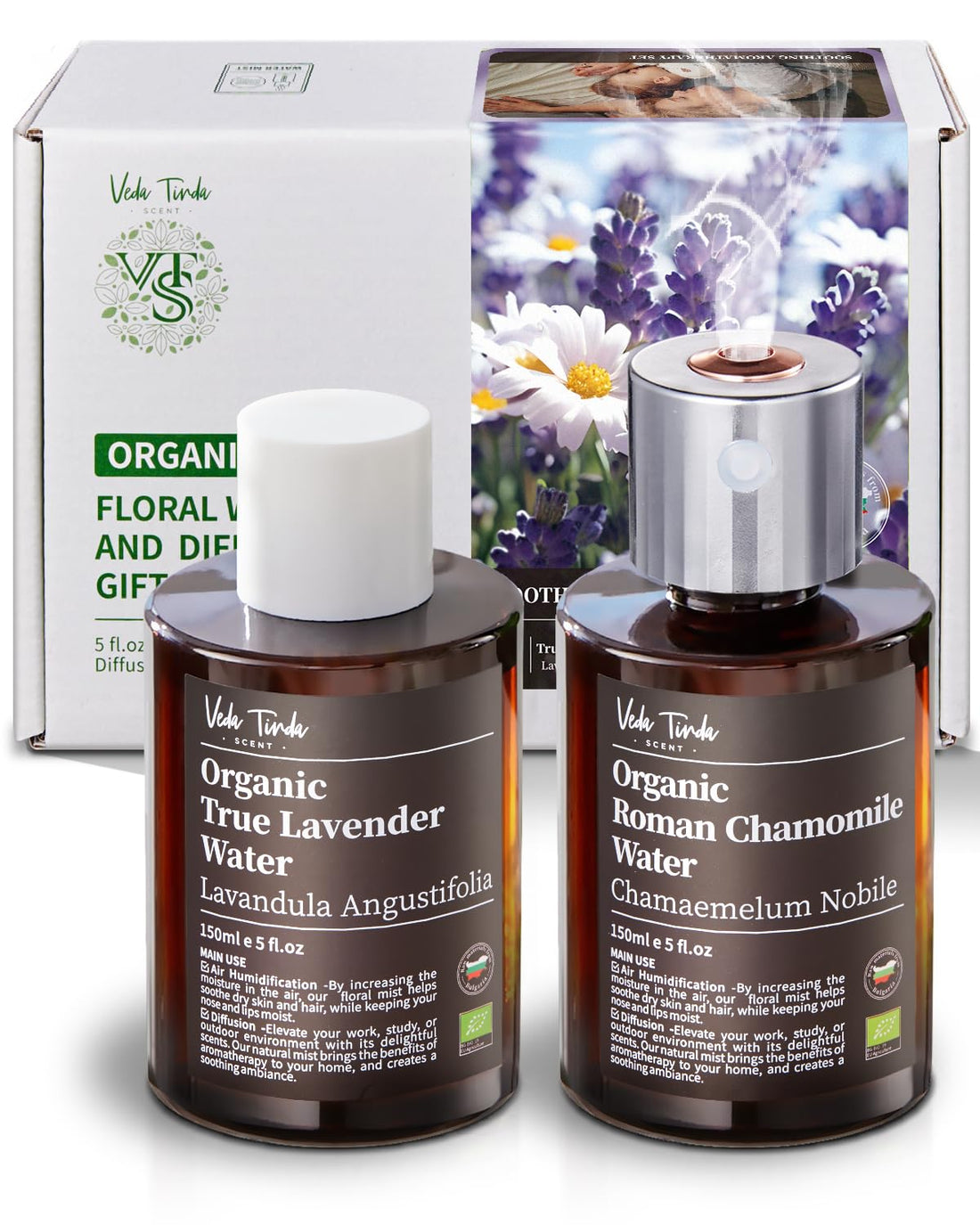 VTS Organic Lavender Water and Roman Chamomile Floral Water with Diffuser, Aromatherapy Air VEDA TINDA SCENT