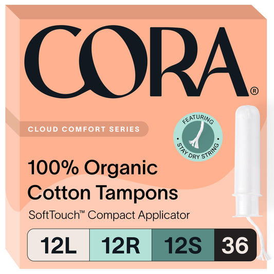 Cora Organic Applicator Tampon Multipack | 12 Light, 12 Regular, 12 Super Absorbency | 100% Organic Cotton