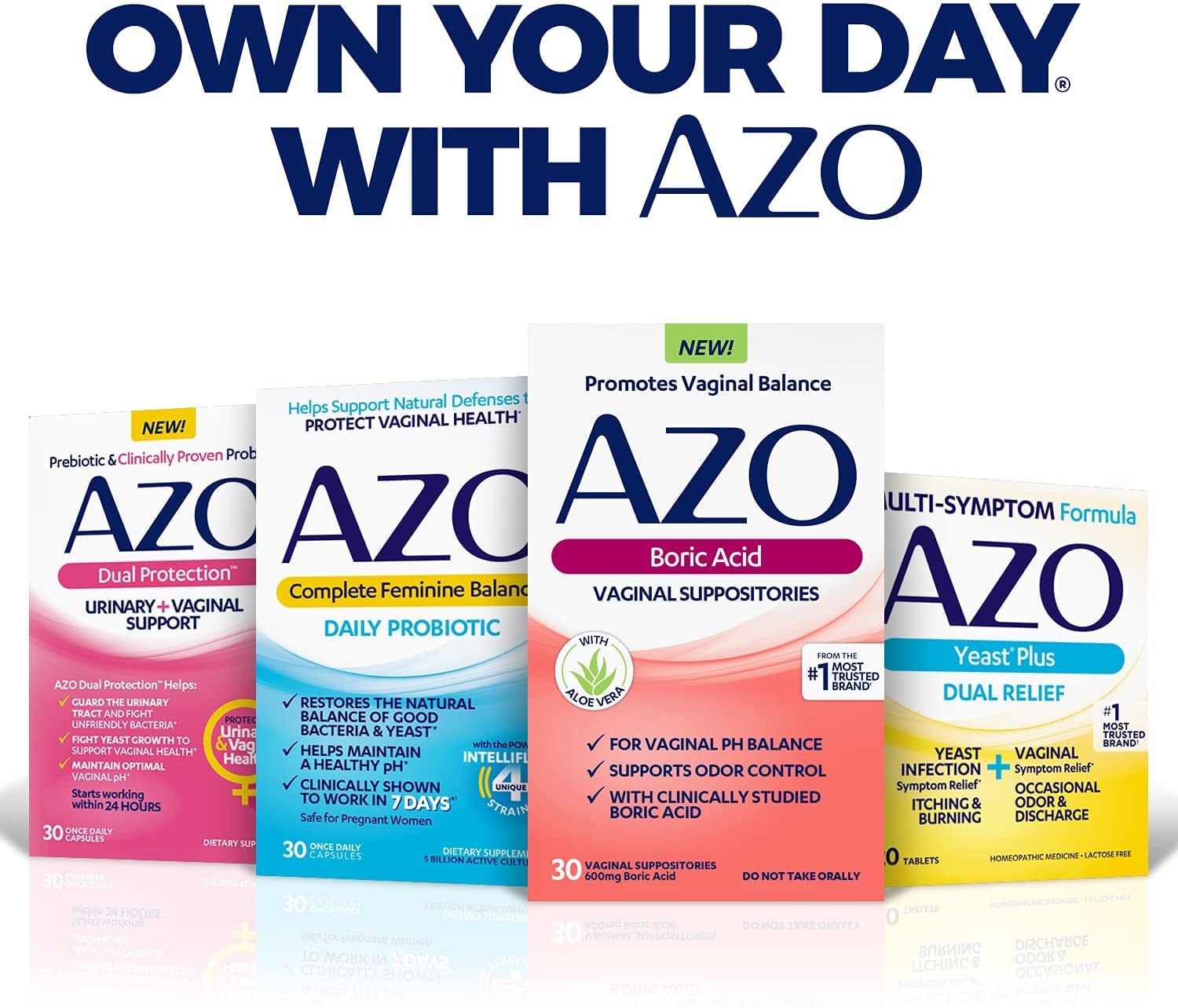 AZO Boric Acid Vaginal Suppositories, 30 Count + AZO Dual Protection, 30 Count, Urinary + Vaginal Support* AZO