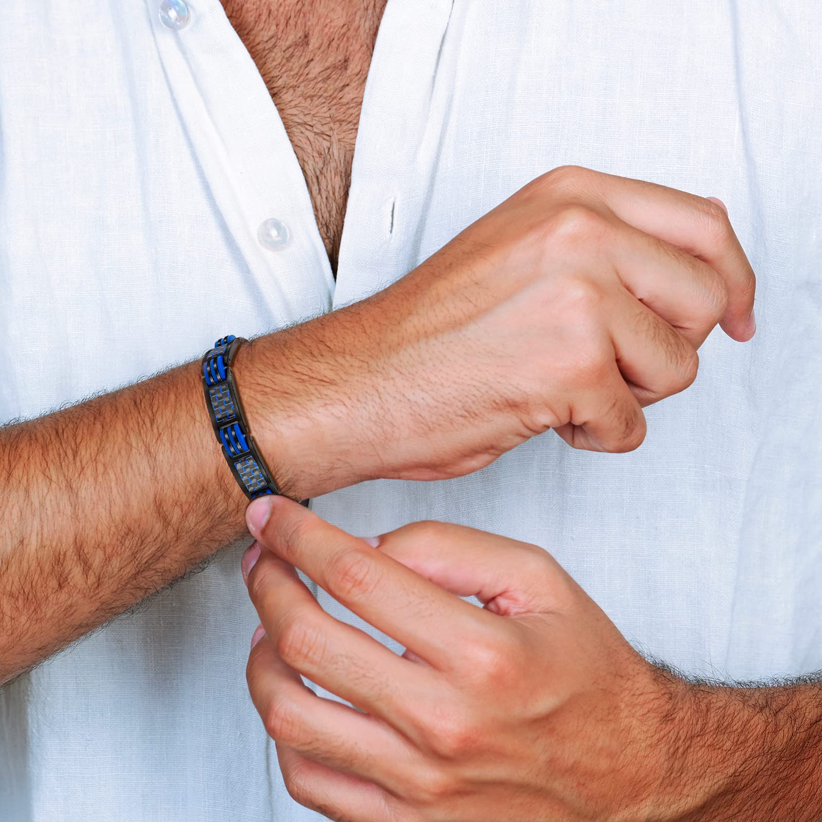 JEROOT Magnetic Bracelets for Men, Blue Carbon Fiber Pure Titanium Magnetic Bracelet JEROOT