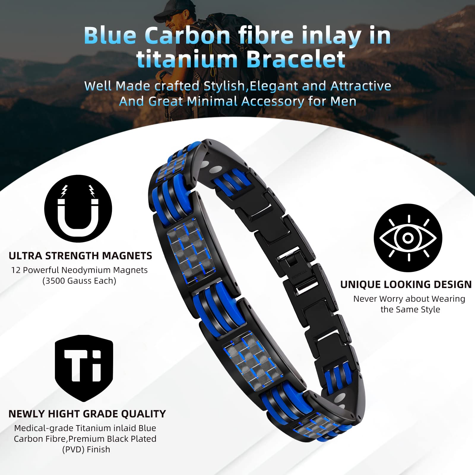 JEROOT Magnetic Bracelets for Men, Blue Carbon Fiber Pure Titanium Magnetic Bracelet JEROOT